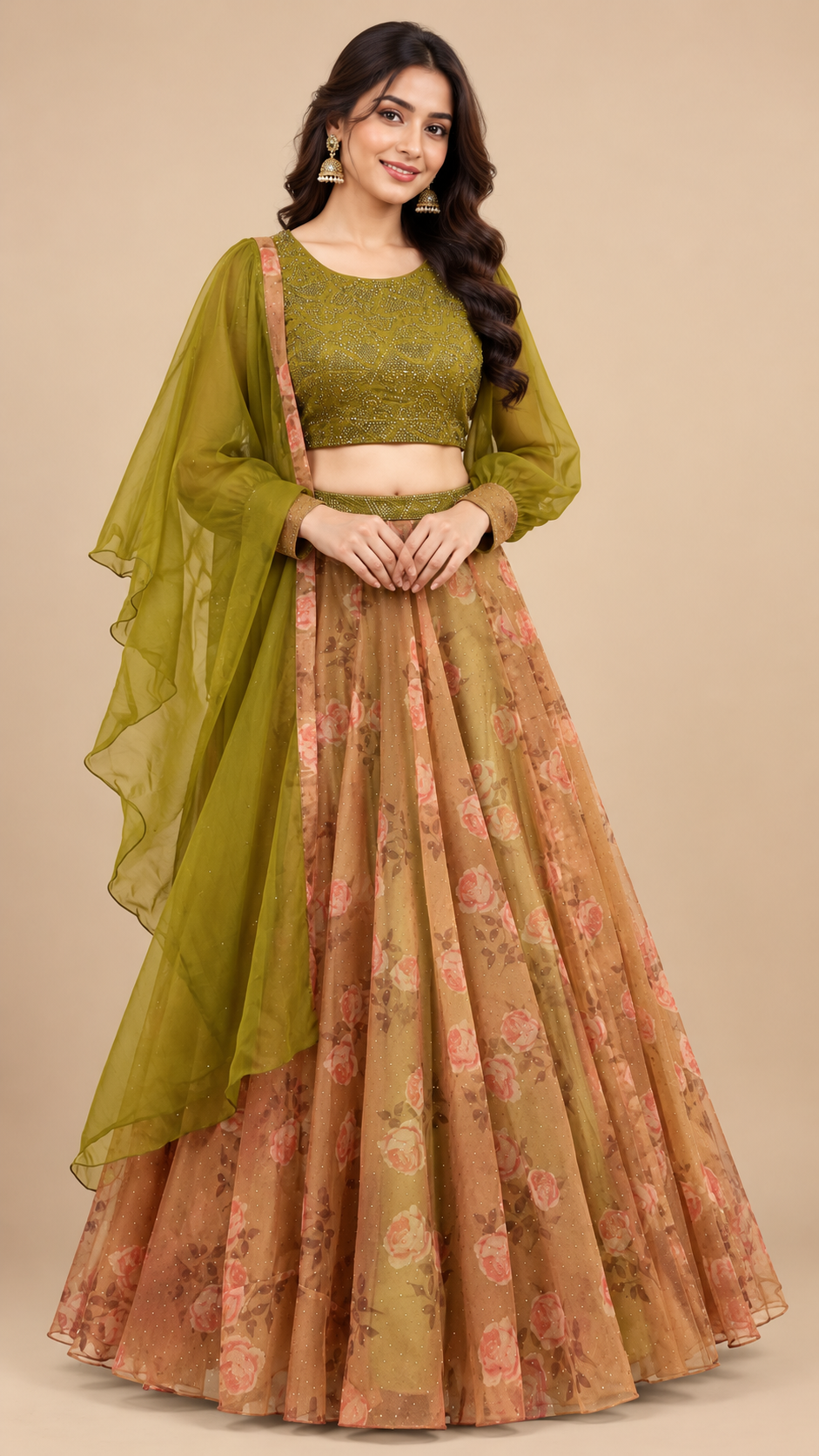 Olive Green & Peach Floral Printed Organza Lehenga Set