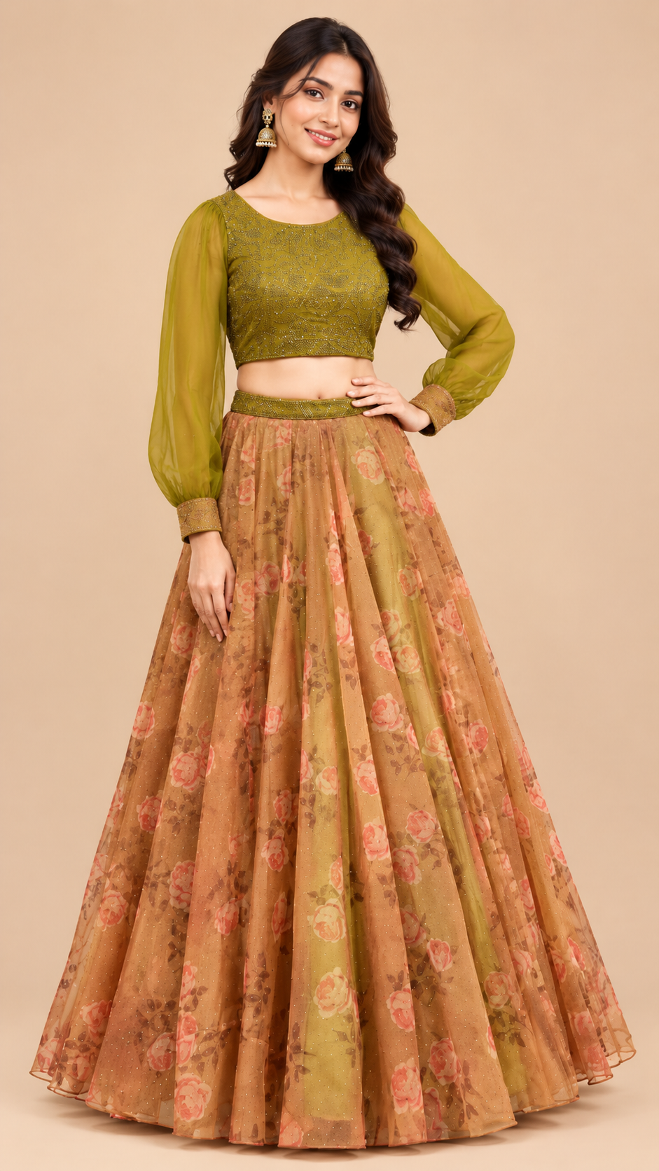 Olive Green & Peach Floral Printed Organza Lehenga Set
