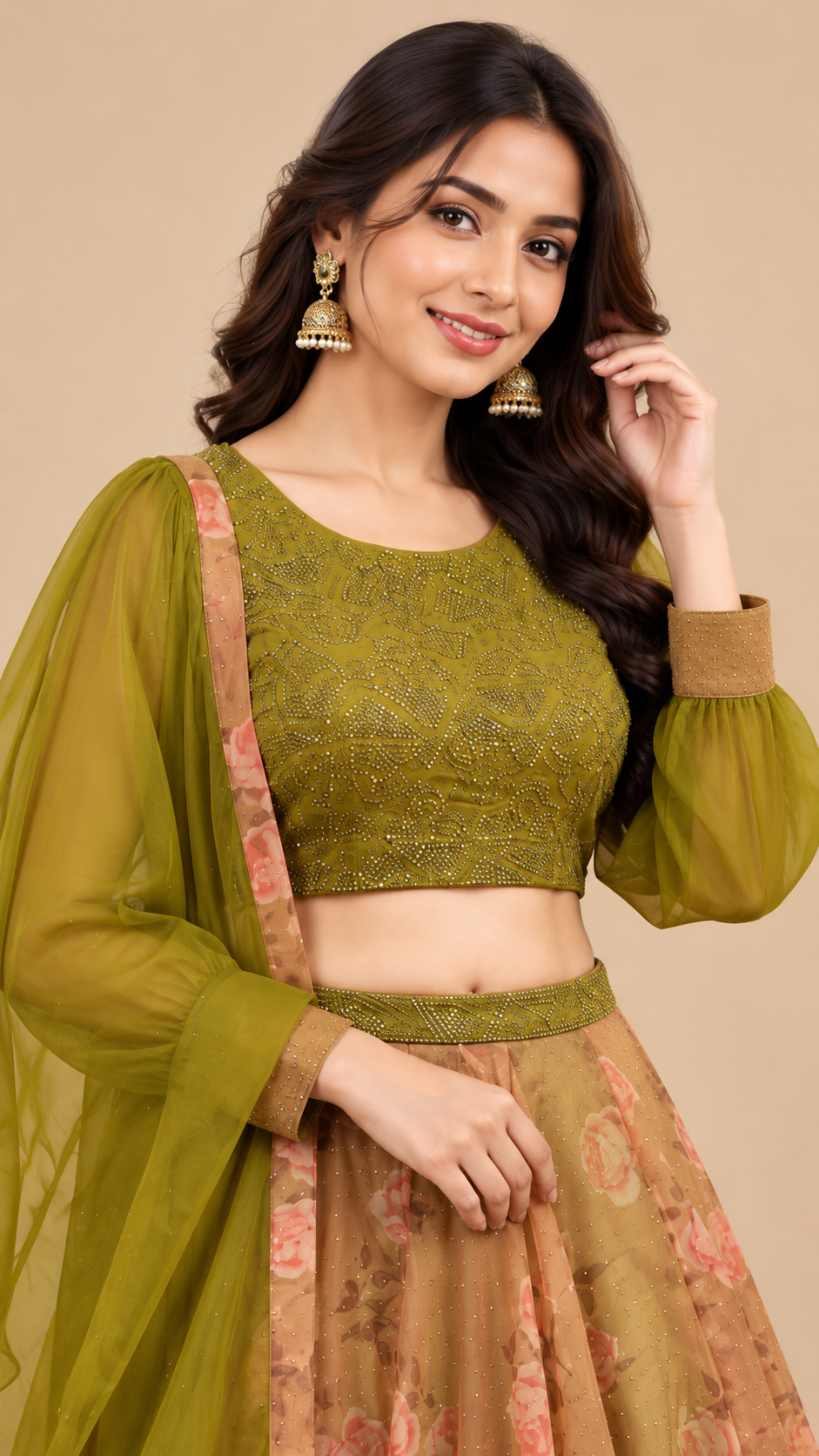 Olive Green & Peach Floral Printed Organza Lehenga Set