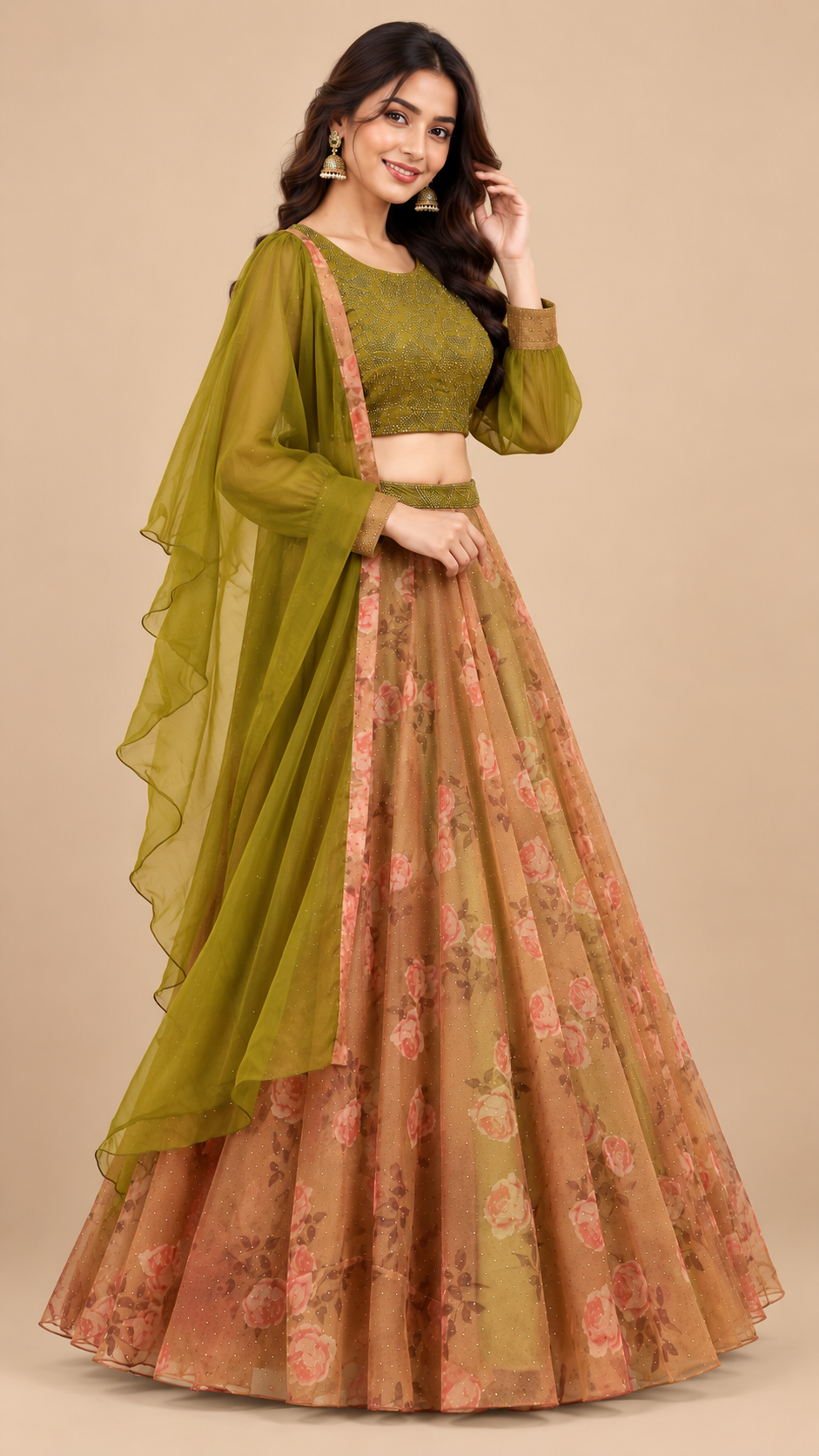 Olive Green & Peach Floral Printed Organza Lehenga Set