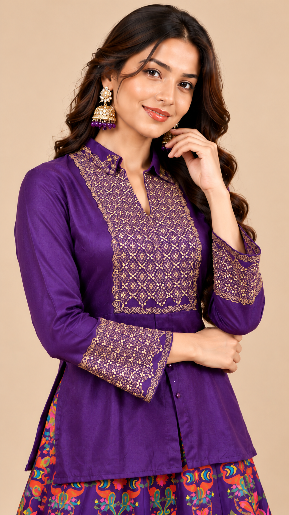 Royal Purple Silk Embroidered Kurti with Multicolor Printed Lehenga Set