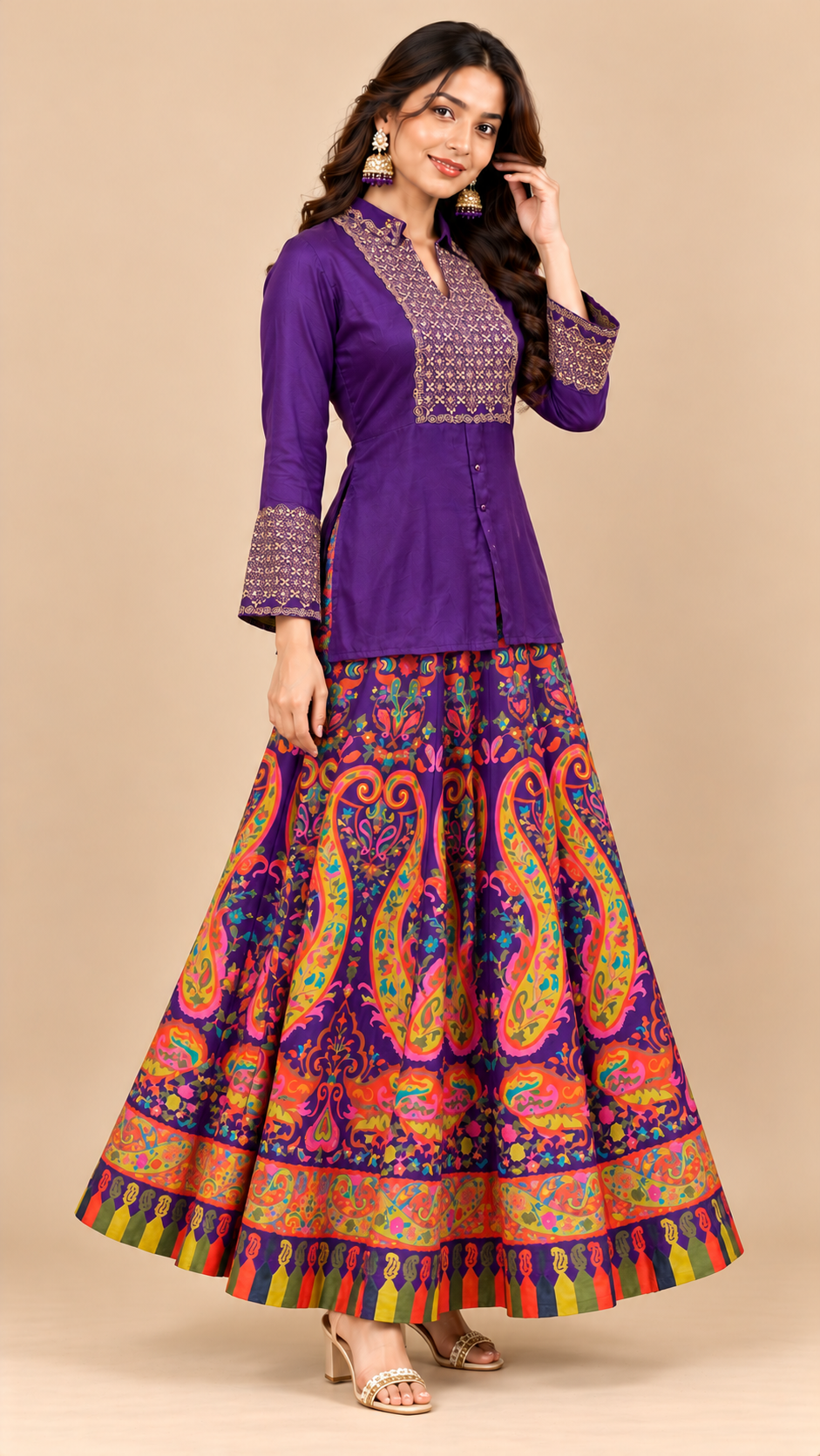 Royal Purple Silk Embroidered Kurti with Multicolor Printed Lehenga Set