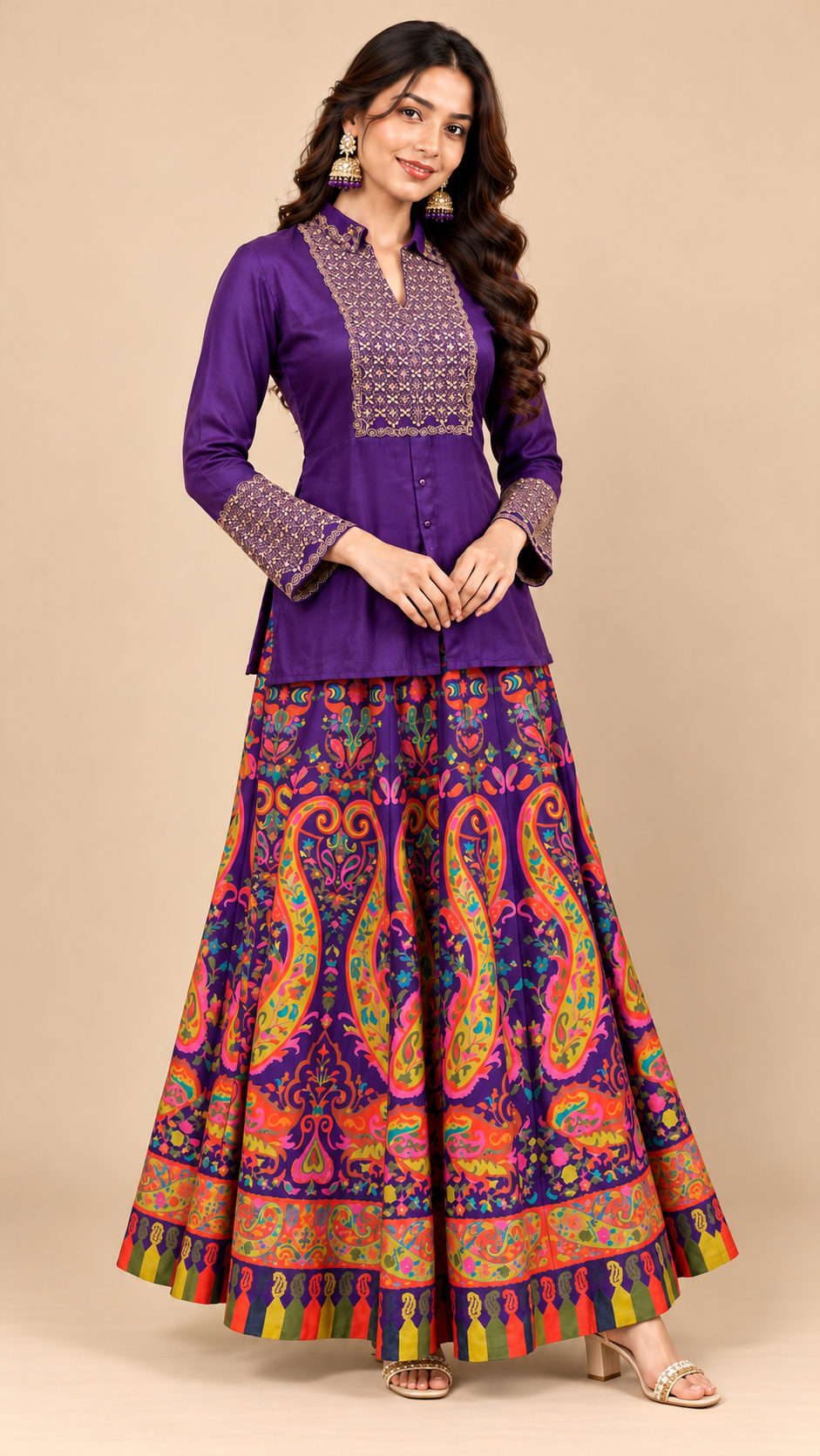 Royal Purple Silk Embroidered Kurti with Multicolor Printed Lehenga Set
