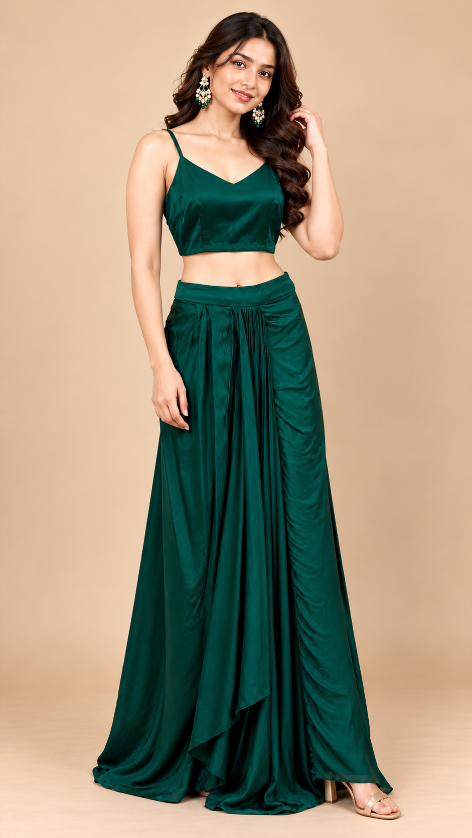 Emerald Green Embroidered Crop Top with Draped Skirt Set