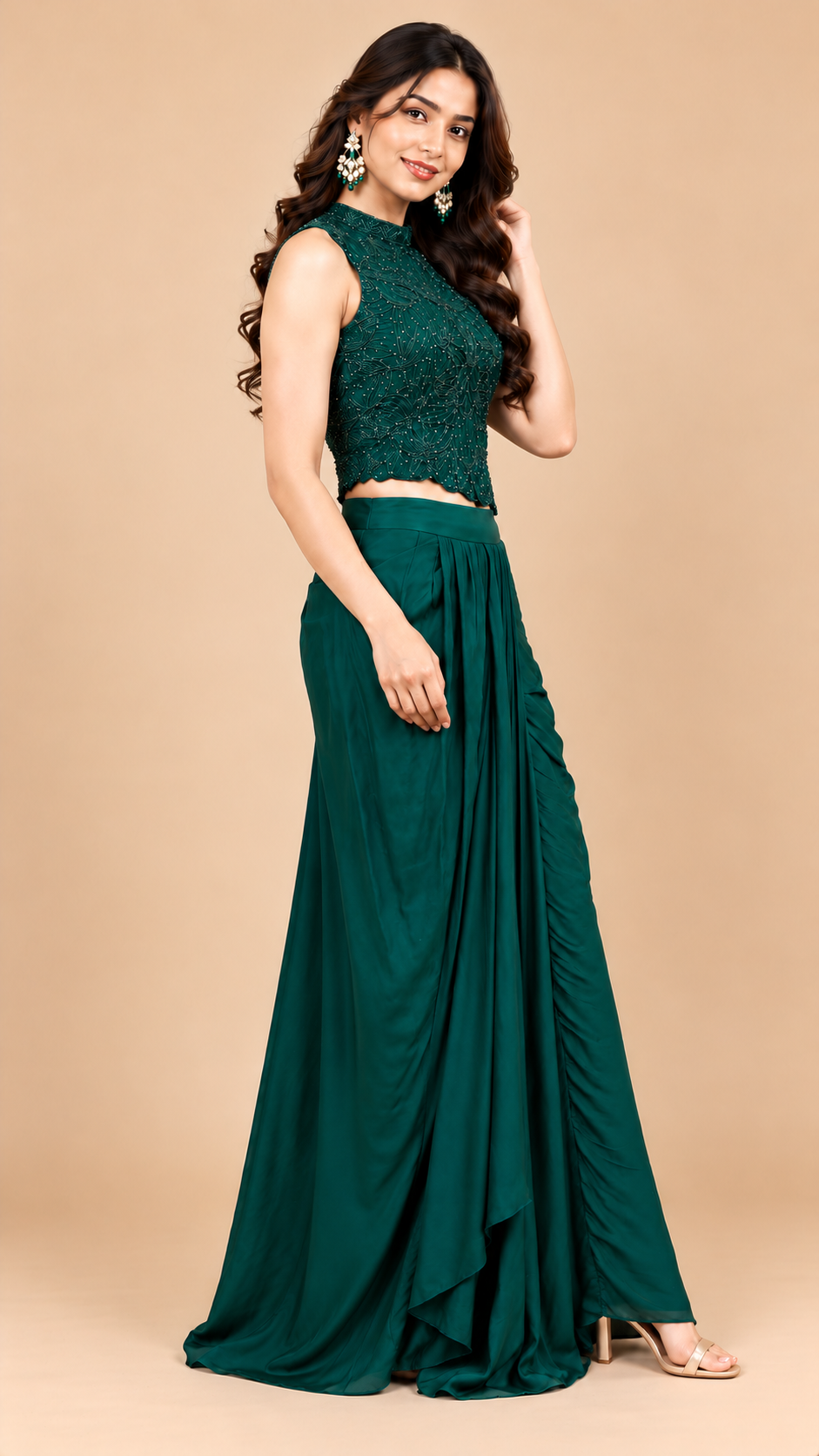 Emerald Green Embroidered Crop Top with Draped Skirt Set