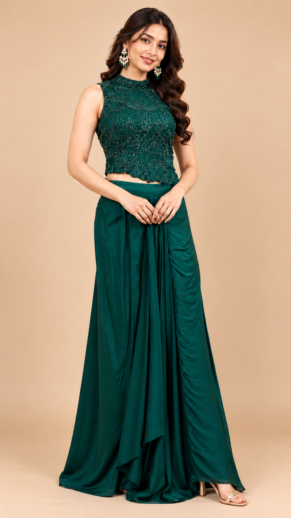 Emerald Green Embroidered Crop Top with Draped Skirt Set