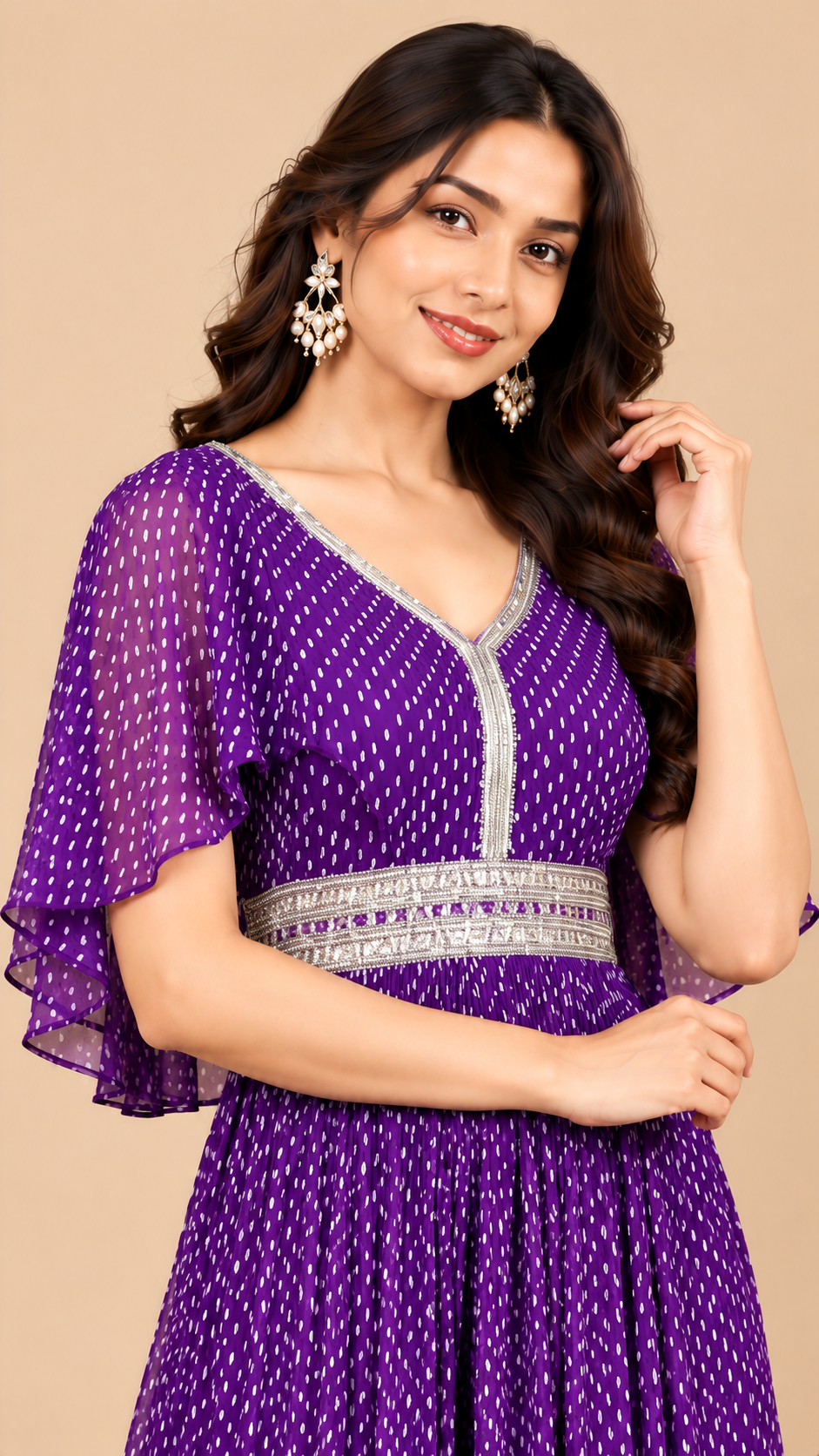 Royal Purple Printed Anarkali Gown with Silver Embellishments