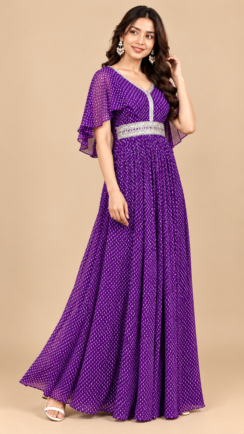 Royal Purple Printed Anarkali Gown with Silver Embellishments