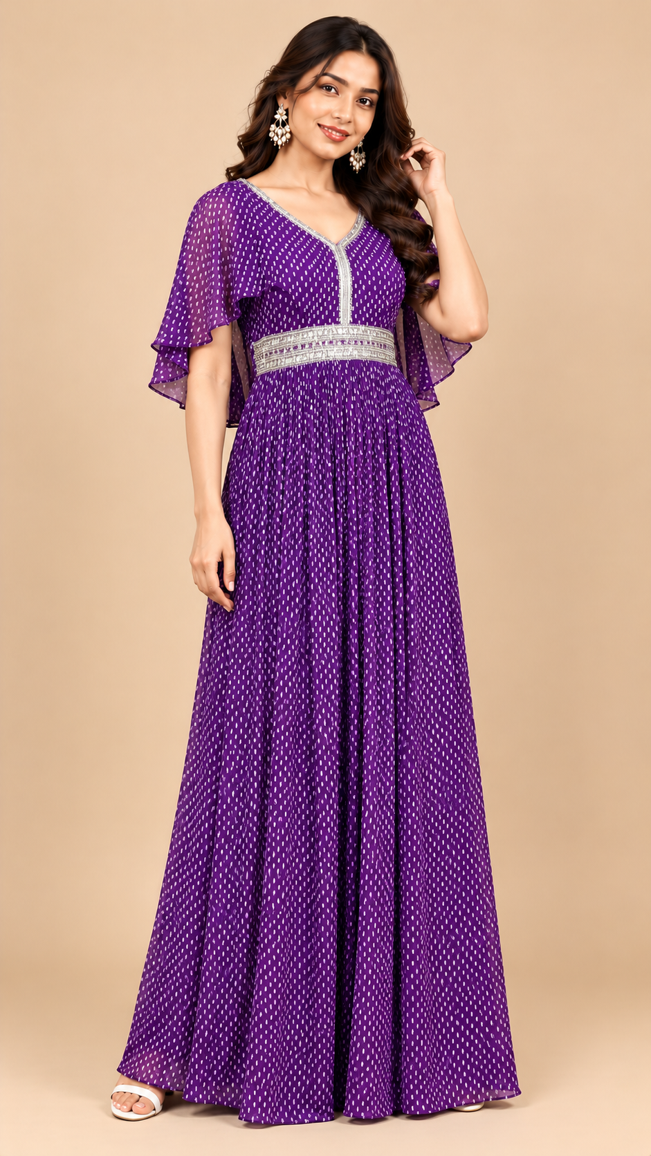 Royal Purple Printed Anarkali Gown with Silver Embellishments