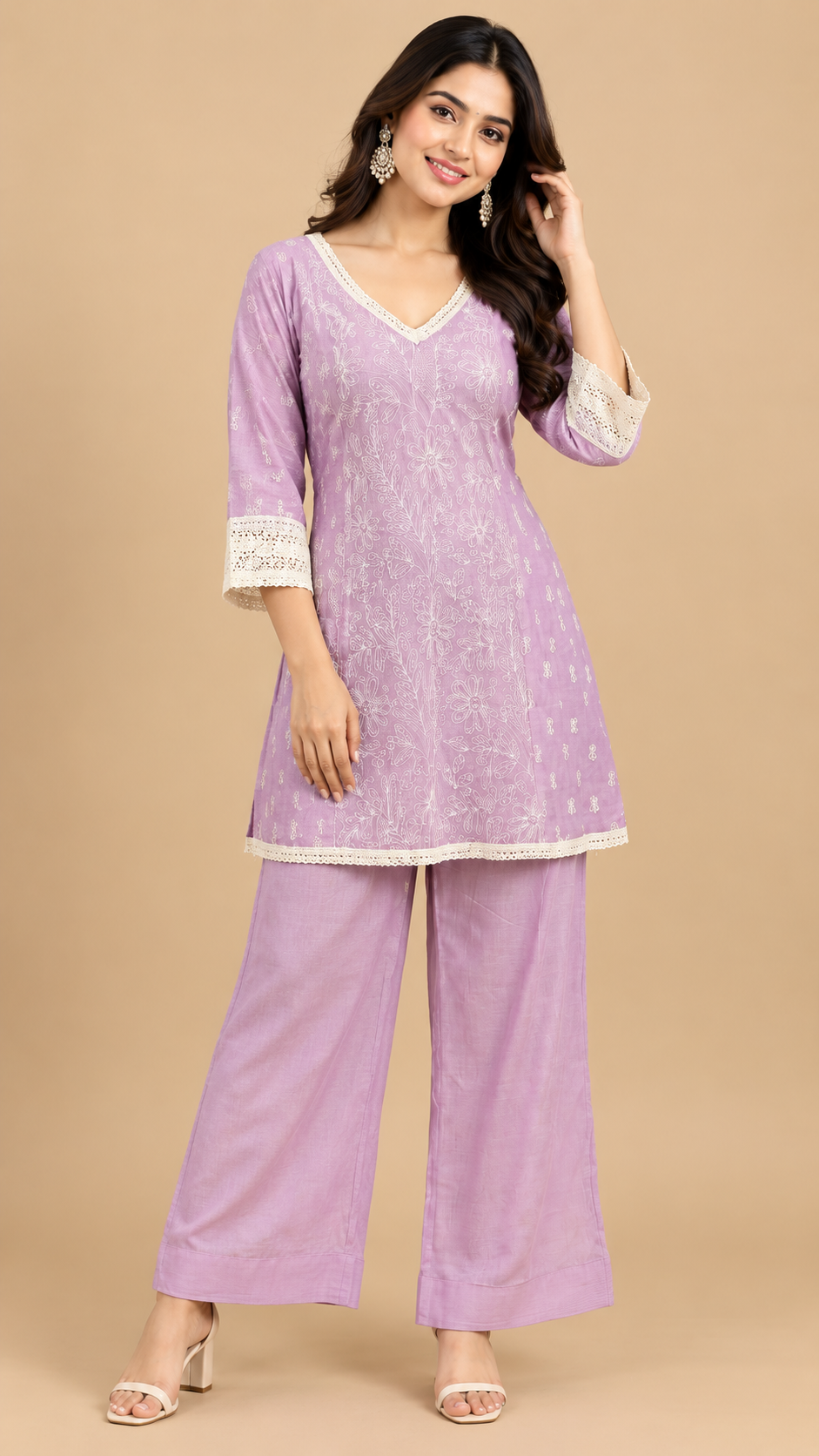 Lilac Mul Cotton Floral Embroidered Kurta Palazzo Set with Dupatta