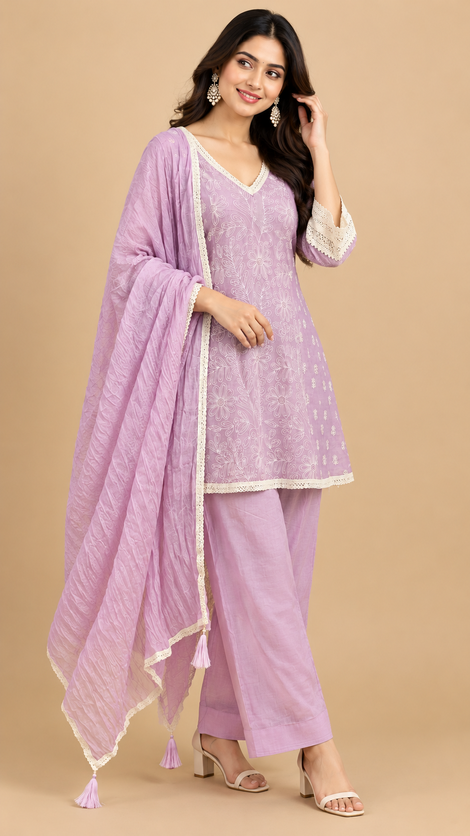 Lilac Mul Cotton Floral Embroidered Kurta Palazzo Set with Dupatta