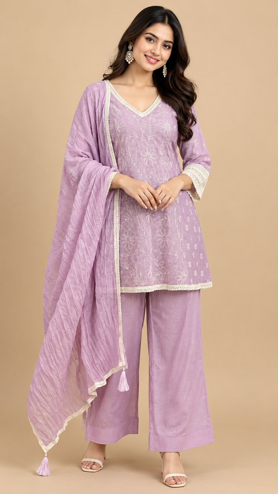 Lilac Mul Cotton Floral Embroidered Kurta Palazzo Set with Dupatta