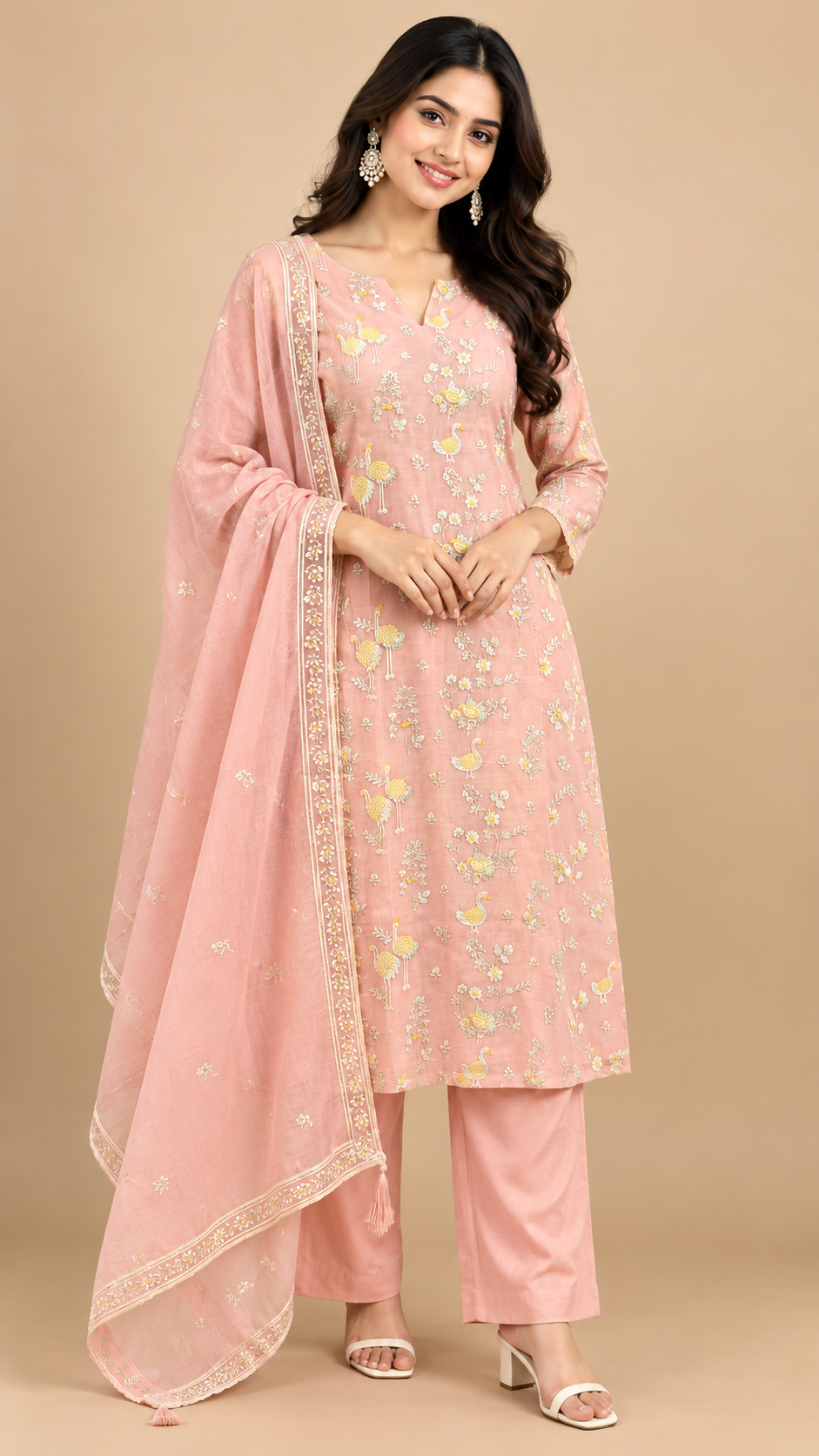 Blush Peach Embroidered Mul Cotton Kurta Pant Set with Dupatta