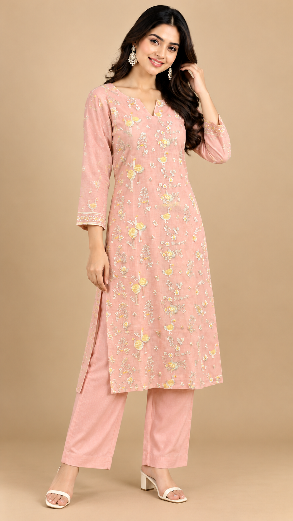 Blush Peach Embroidered Mul Cotton Kurta Pant Set with Dupatta