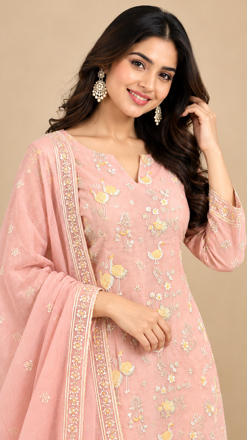 Blush Peach Embroidered Mul Cotton Kurta Pant Set with Dupatta