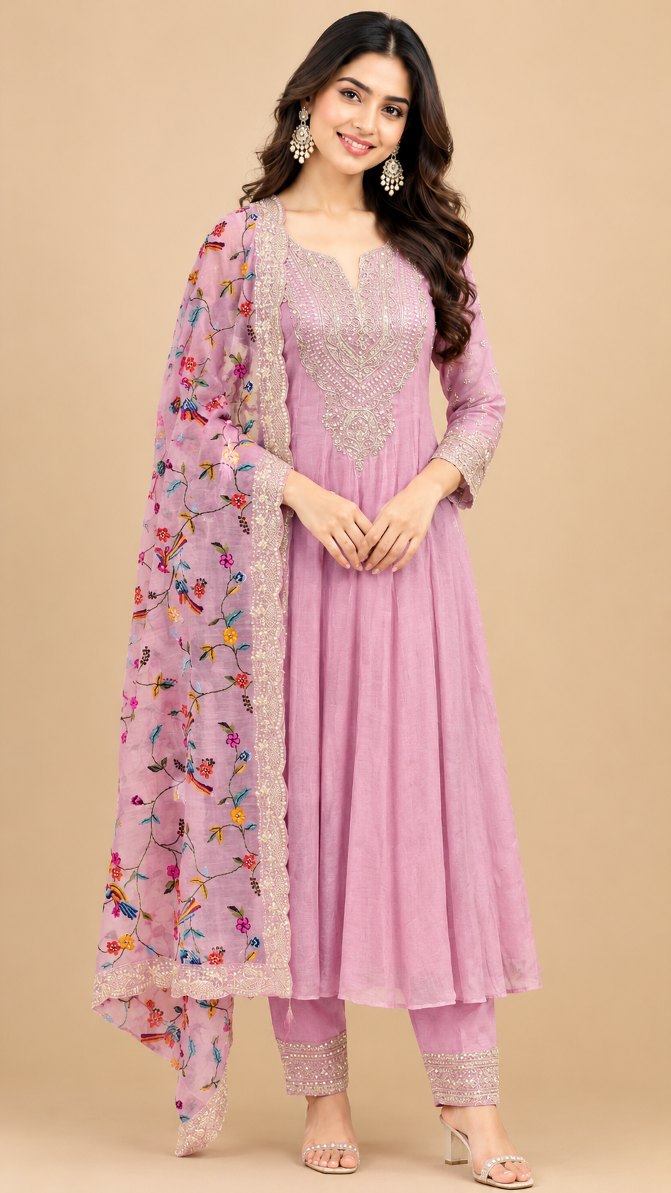 Blush Pink Embroidered Mul Cotton Anarkali Suit Set with Floral Dupatta