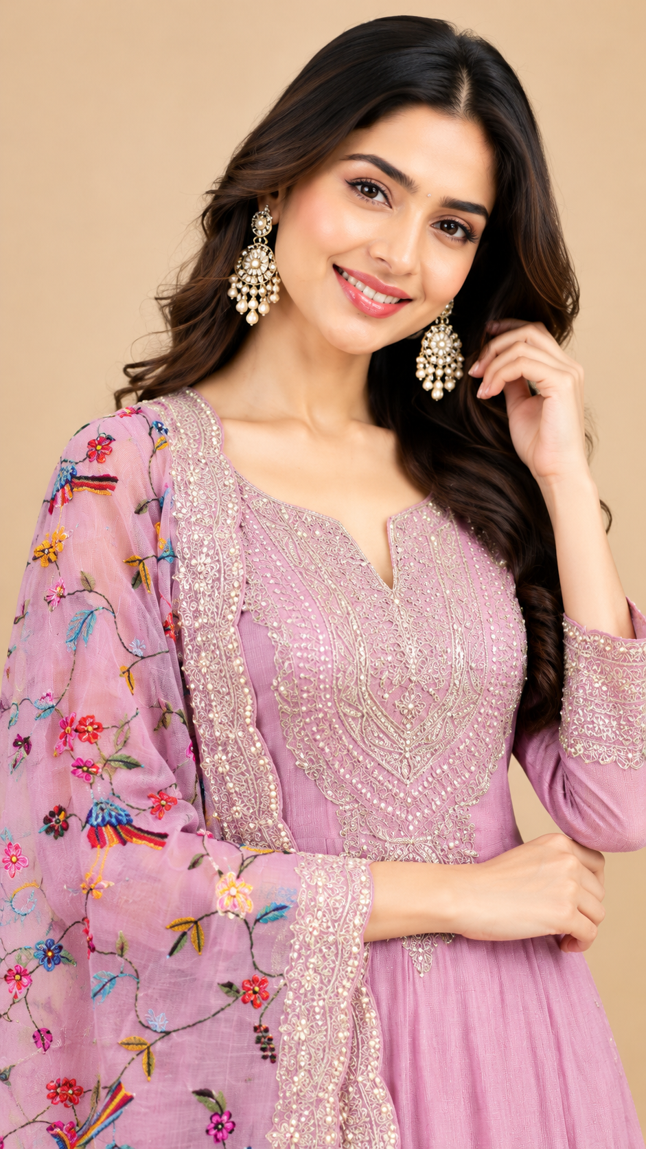 Blush Pink Embroidered Mul Cotton Anarkali Suit Set with Floral Dupatta