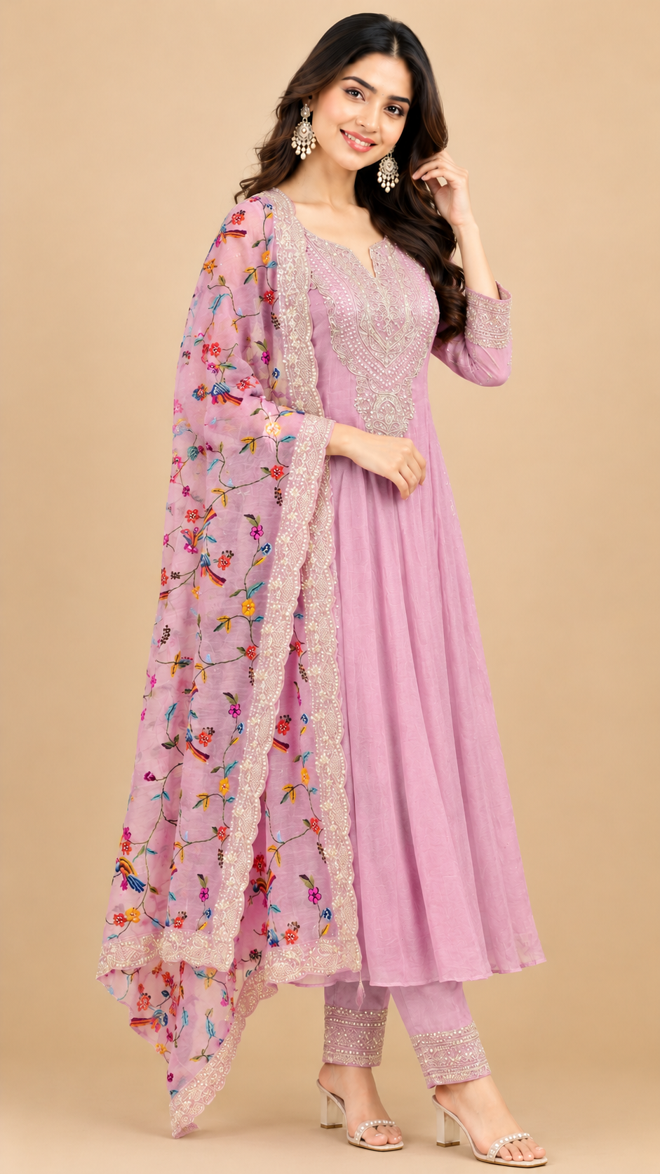 Blush Pink Embroidered Mul Cotton Anarkali Suit Set with Floral Dupatta