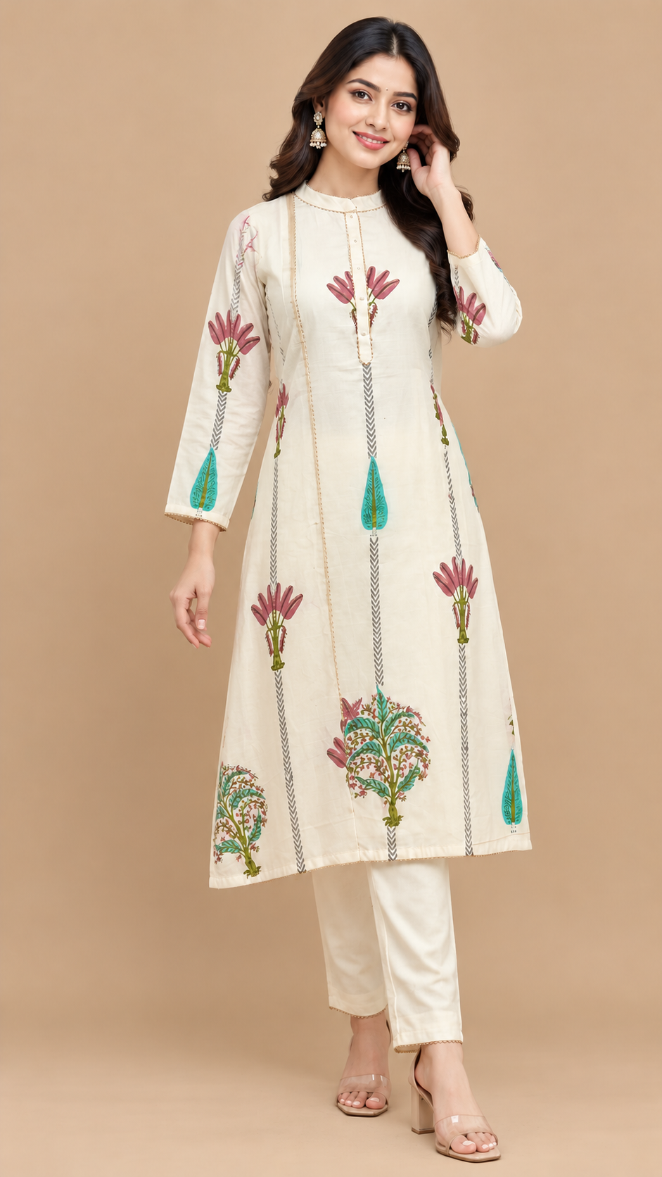 Ivory Floral Printed Mul Cotton Kurta Pant Set with Dupatta