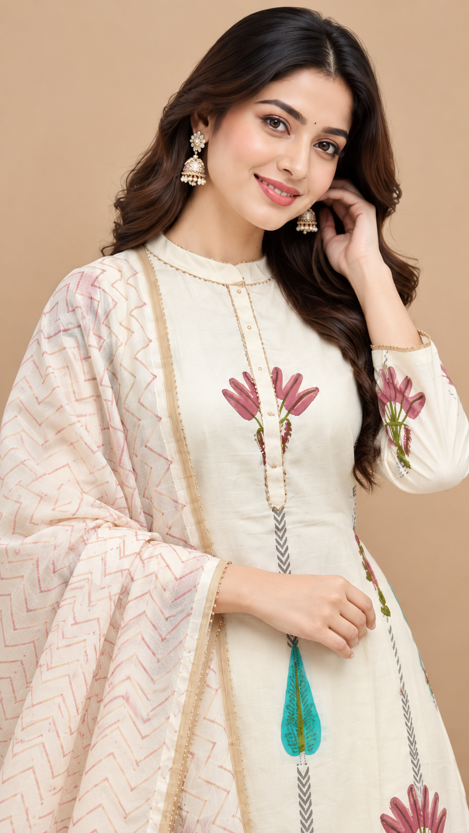 Ivory Floral Printed Mul Cotton Kurta Pant Set with Dupatta