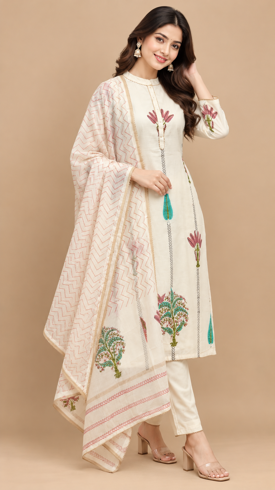 Ivory Floral Printed Mul Cotton Kurta Pant Set with Dupatta