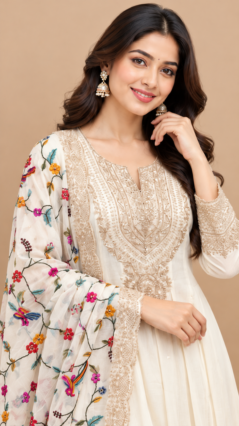 Ivory Elegance Mul Cotton Embroidered Anarkali Suit Set with Floral Dupatta