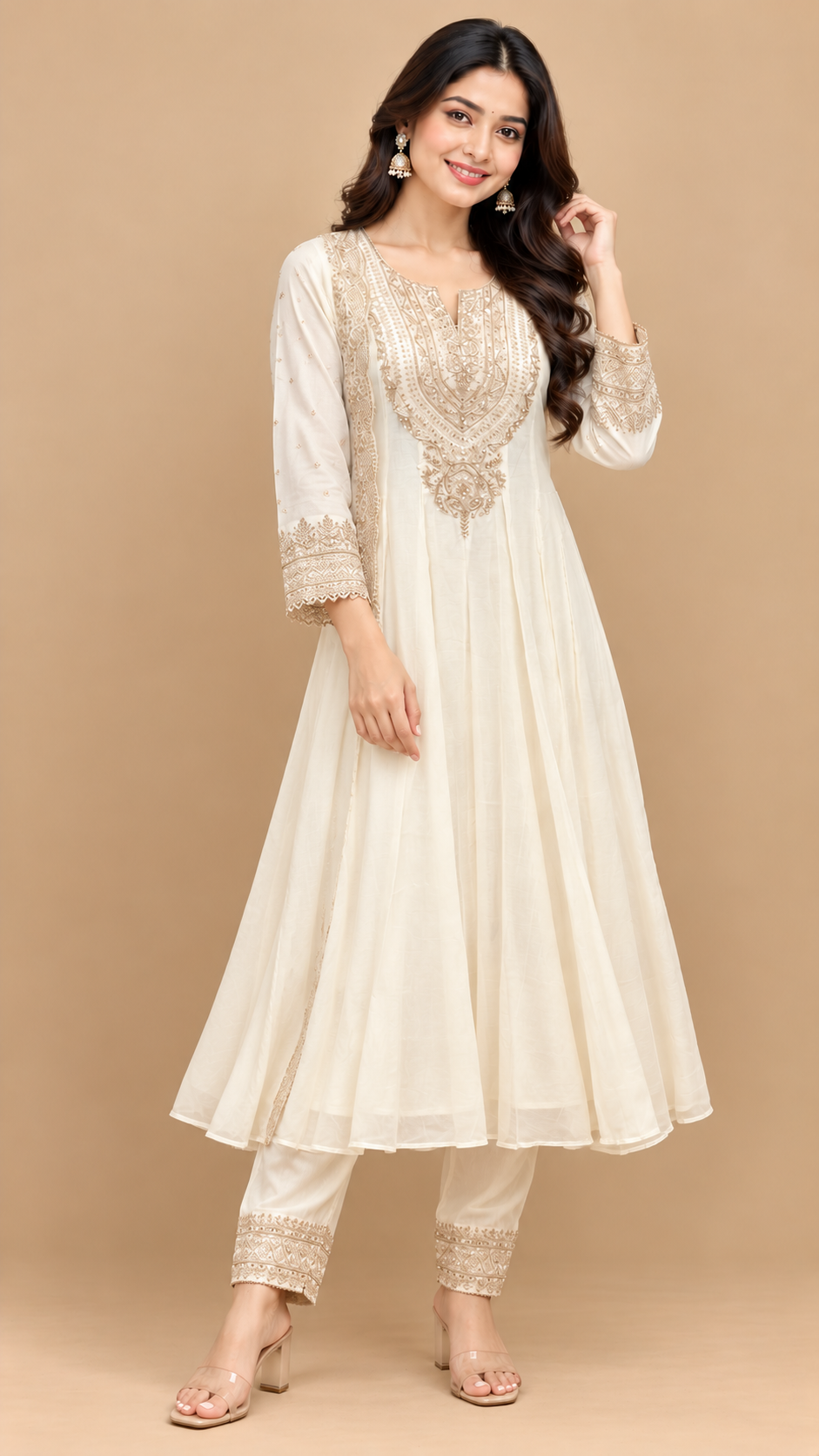 Ivory Elegance Mul Cotton Embroidered Anarkali Suit Set with Floral Dupatta