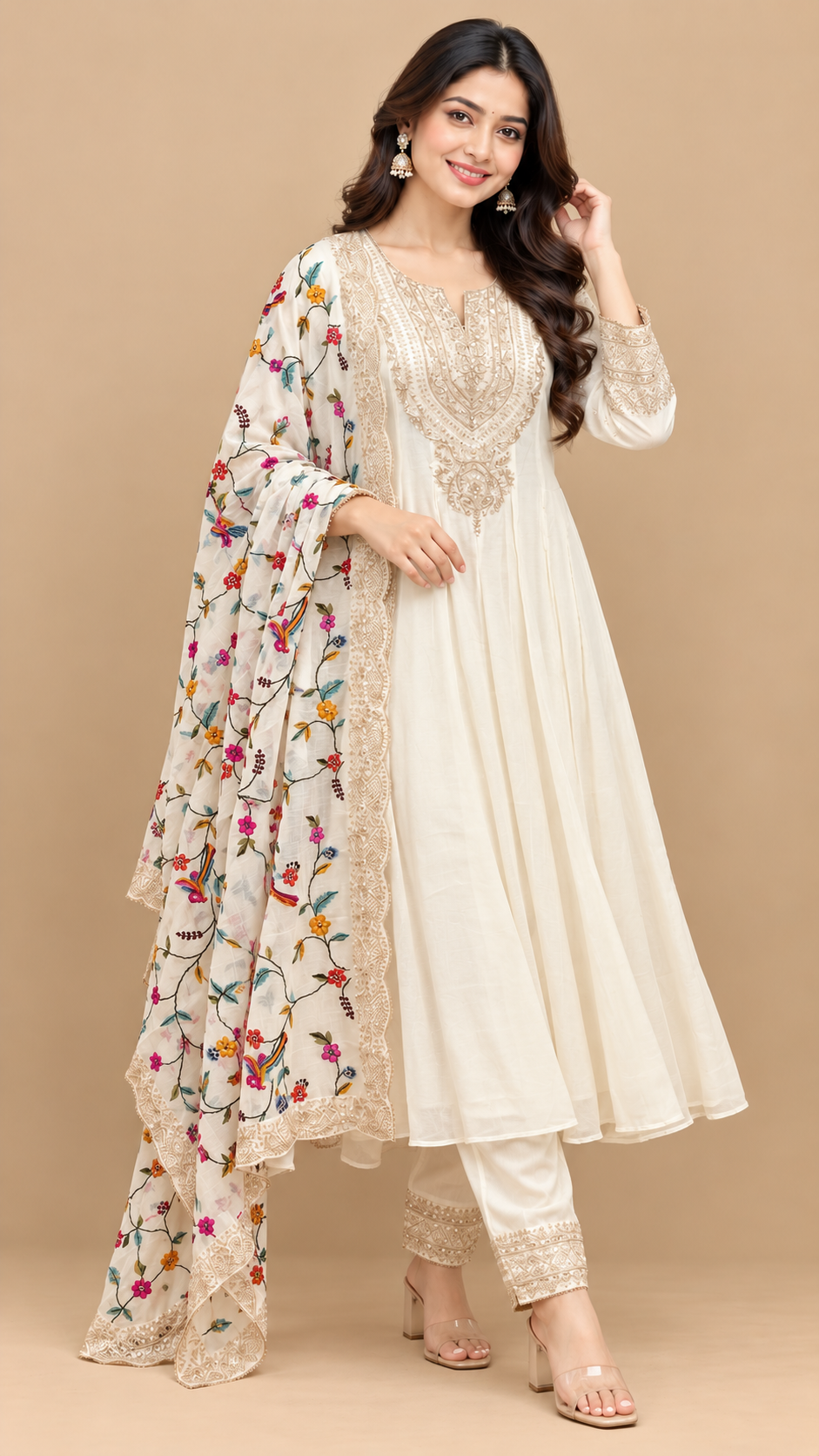 Ivory Elegance Mul Cotton Embroidered Anarkali Suit Set with Floral Dupatta
