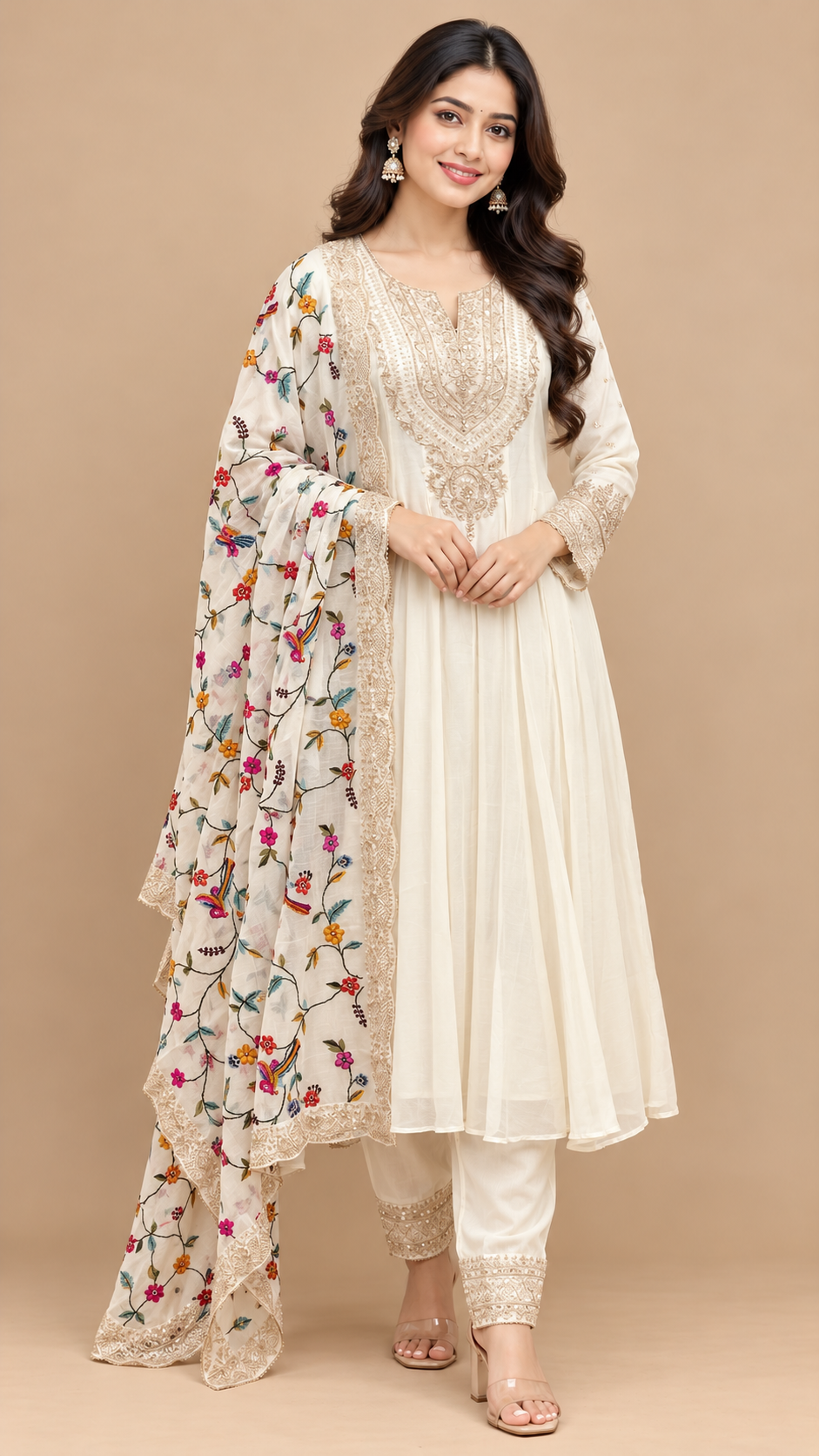 Ivory Elegance Mul Cotton Embroidered Anarkali Suit Set with Floral Dupatta