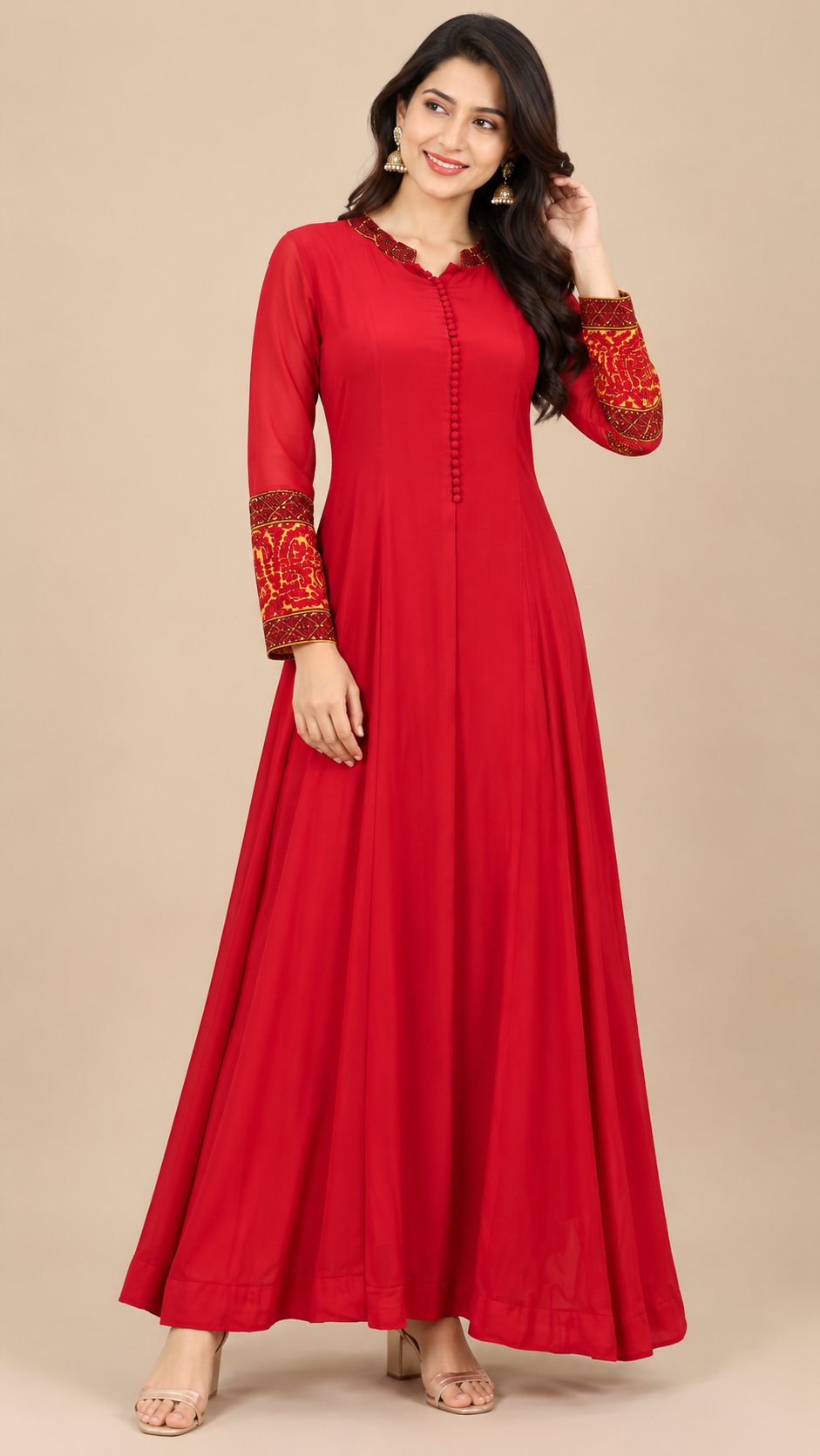 Elegant Red Silk Georgette Anarkali Dress with Embroidered Dupatta