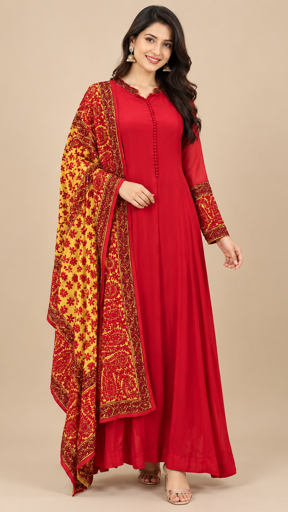 Elegant Red Silk Georgette Anarkali Dress with Embroidered Dupatta