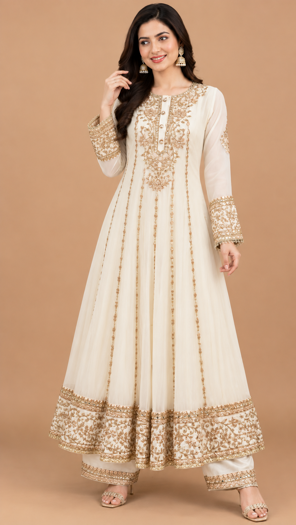 Elegant Ivory Organza Anarkali Suit Set with Gota Patti Work