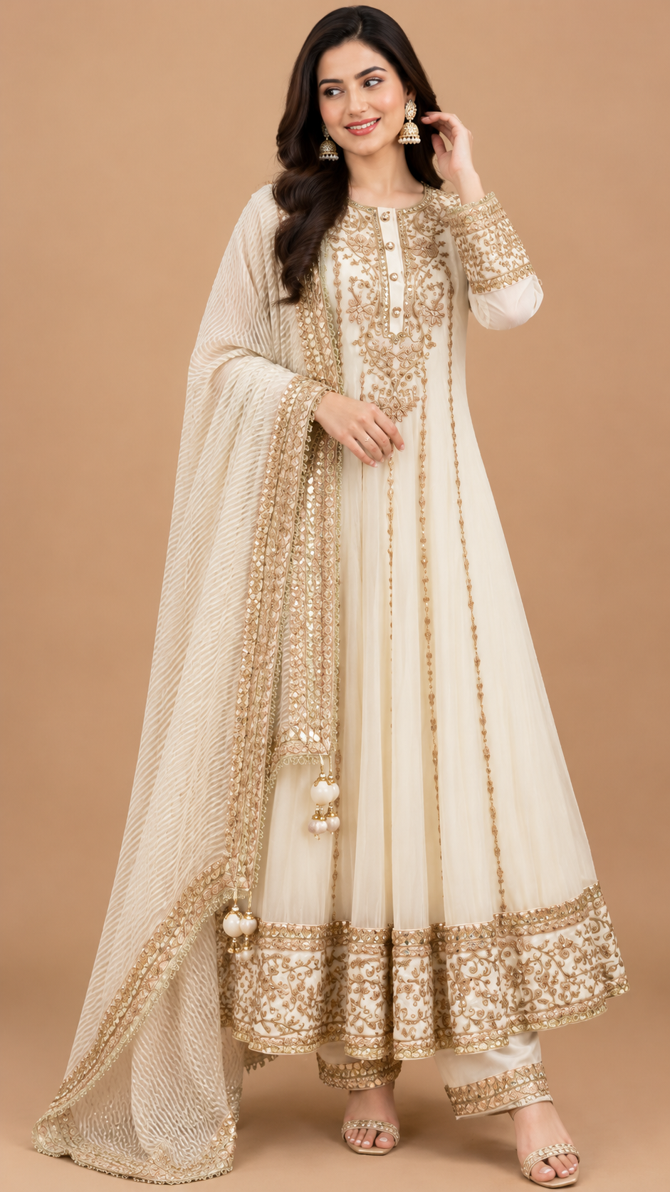 Elegant Ivory Organza Anarkali Suit Set with Gota Patti Work