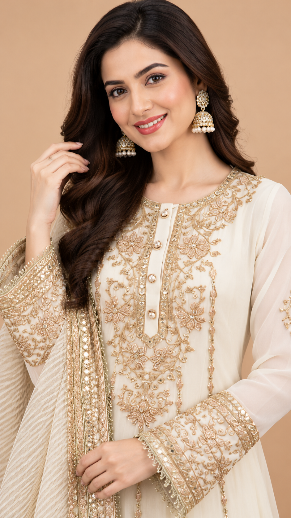 Elegant Ivory Organza Anarkali Suit Set with Gota Patti Work
