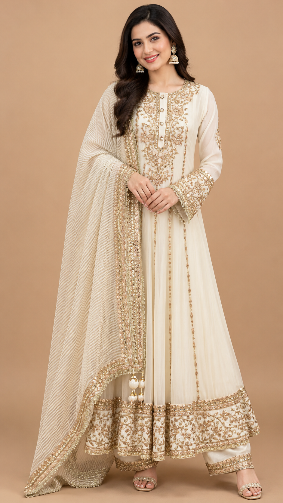 Elegant Ivory Organza Anarkali Suit Set with Gota Patti Work