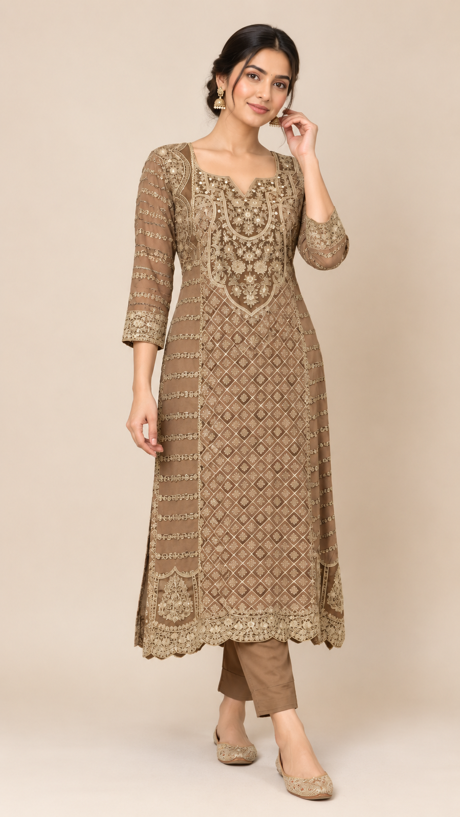 Mocha Brown Silk Aari Work Embroidered Straight Suit Set