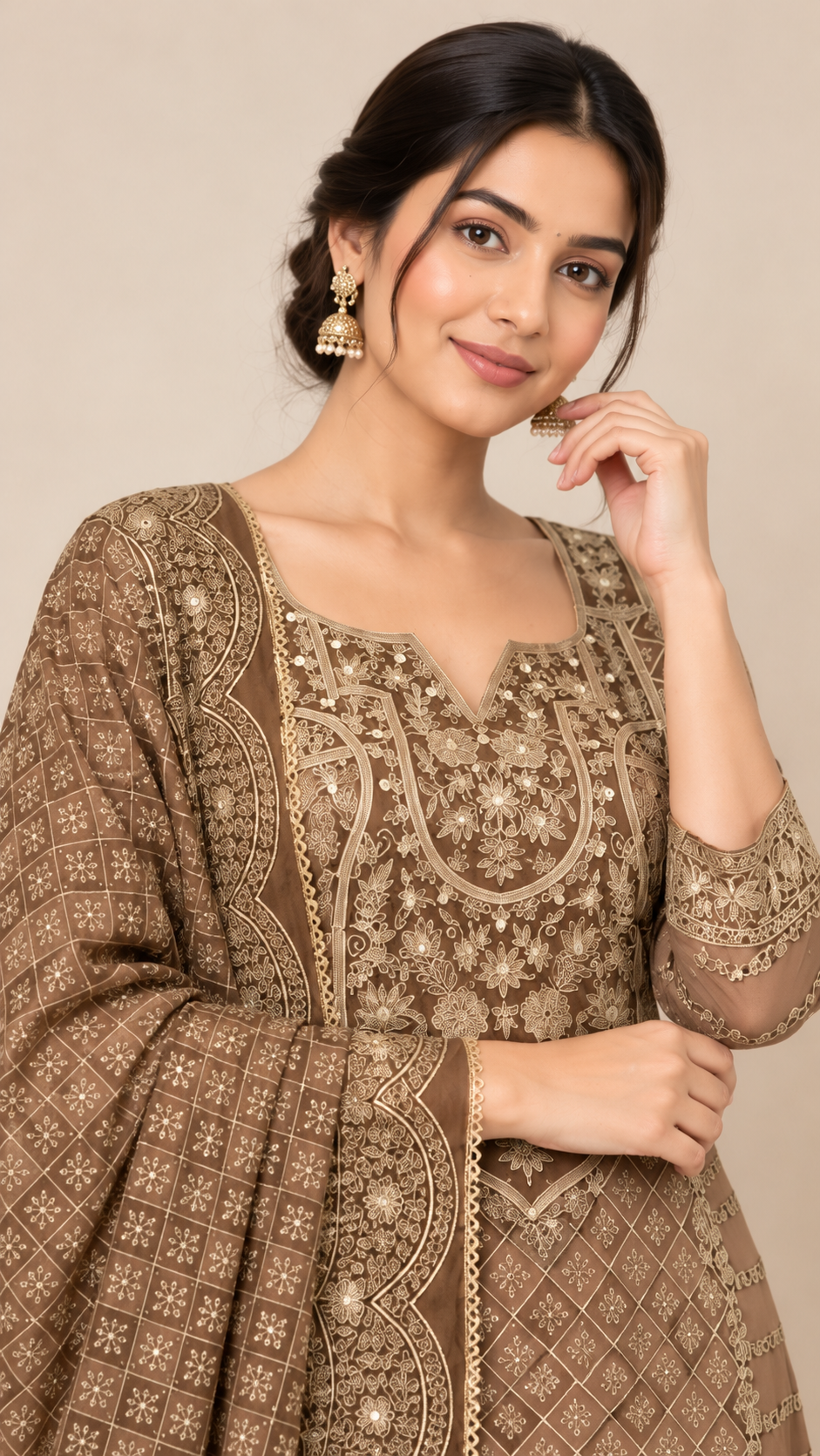 Mocha Brown Silk Aari Work Embroidered Straight Suit Set