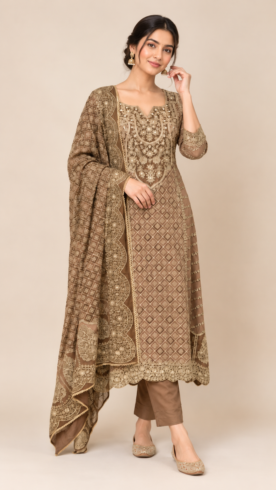 Mocha Brown Silk Aari Work Embroidered Straight Suit Set