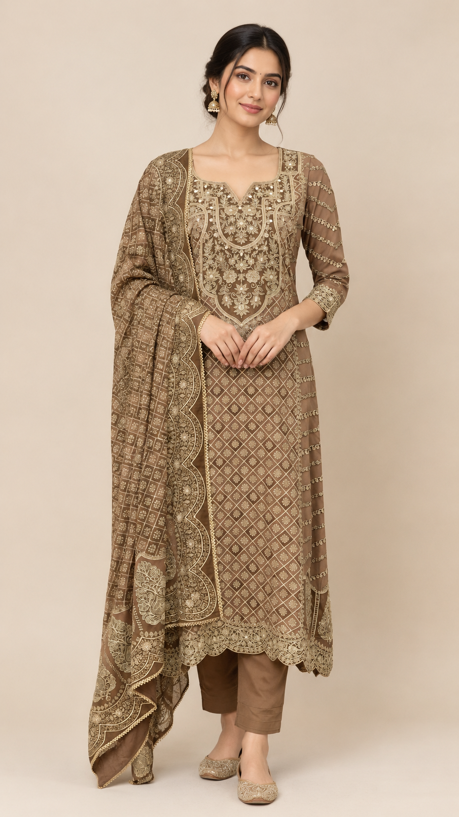 Mocha Brown Silk Aari Work Embroidered Straight Suit Set