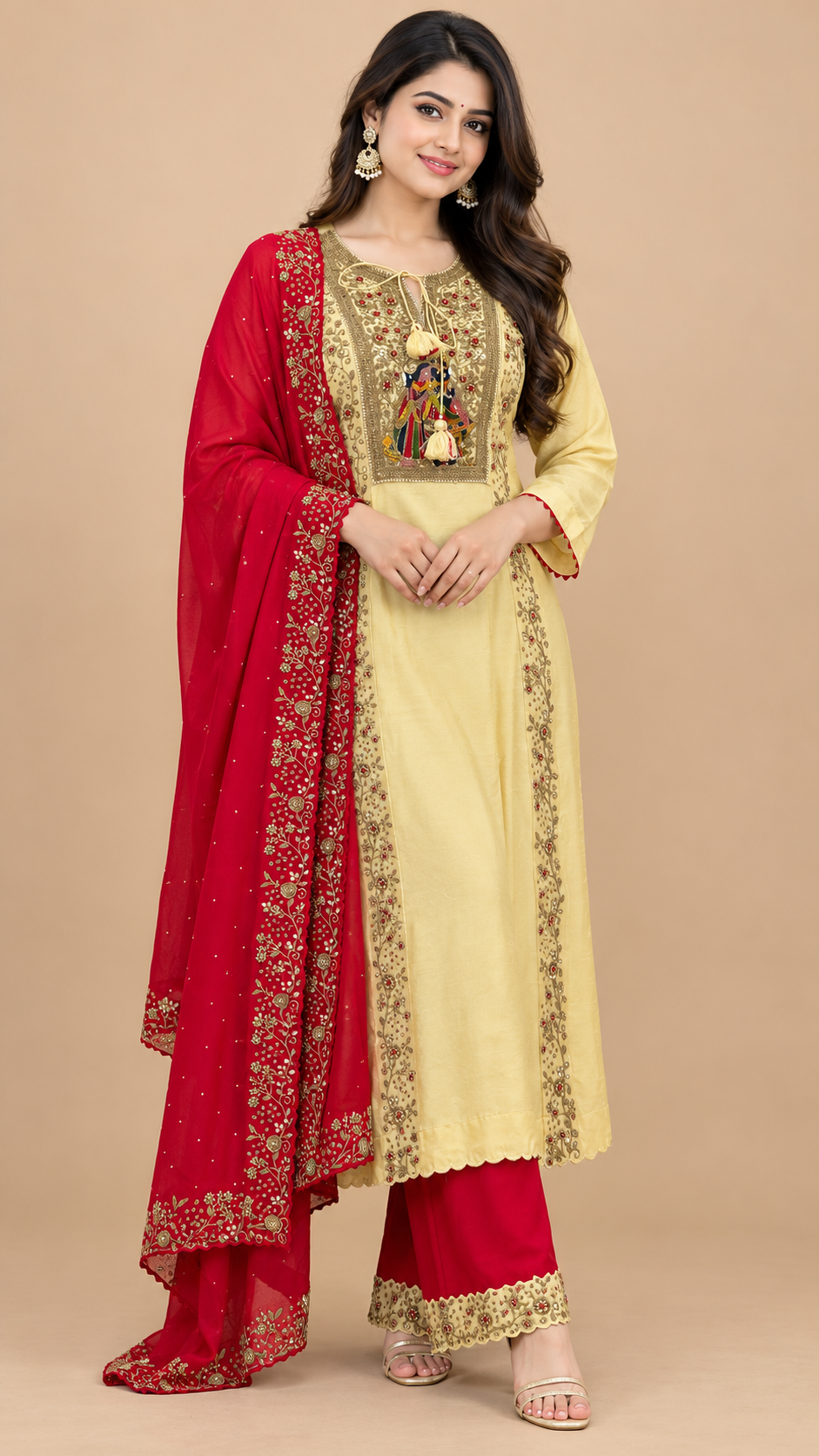 Elegant Pastel Yellow Silk Embroidered Kurta Set with Red Dupatta