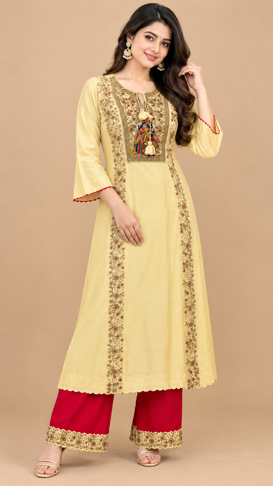 Elegant Pastel Yellow Silk Embroidered Kurta Set with Red Dupatta