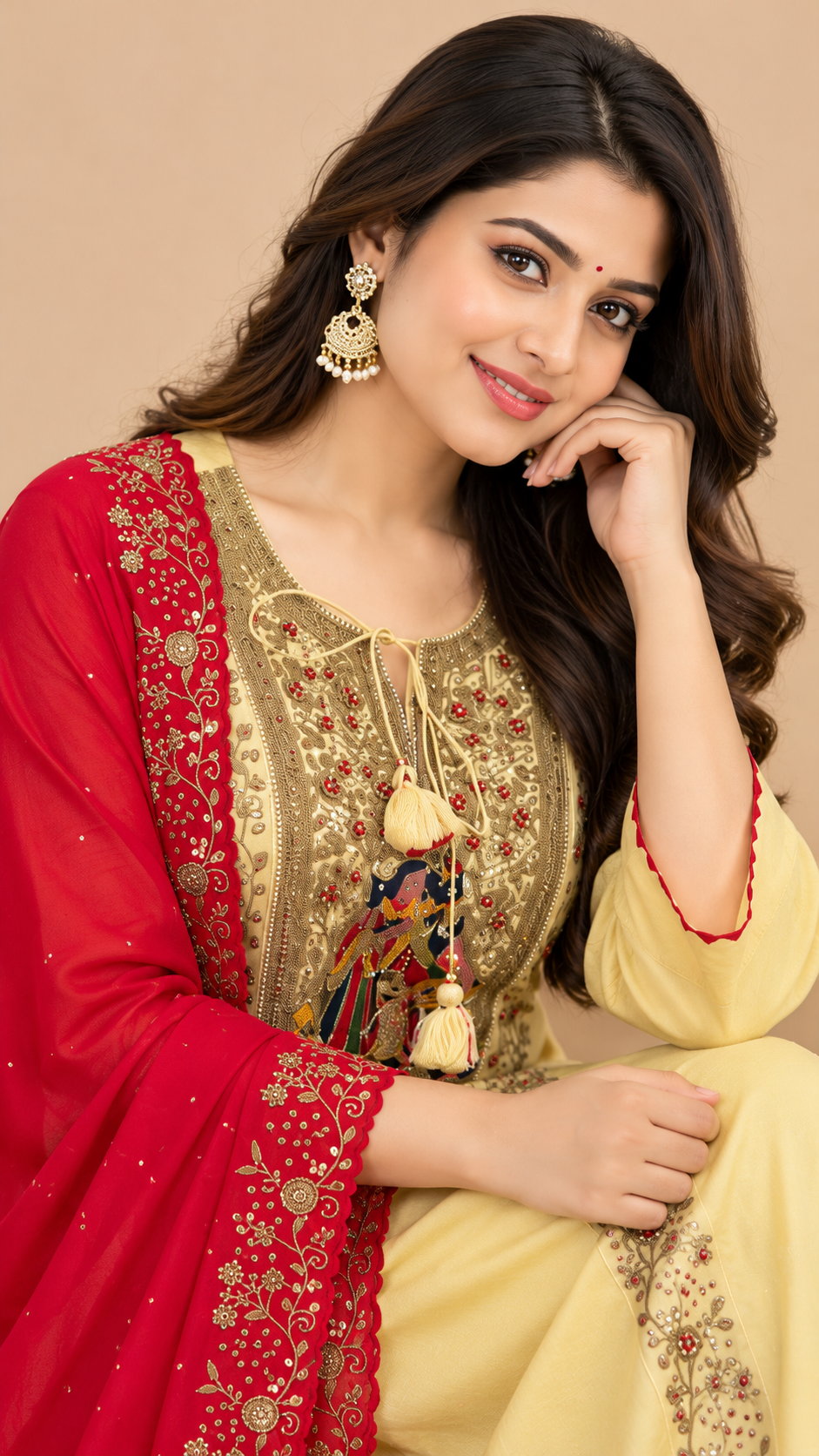 Elegant Pastel Yellow Silk Embroidered Kurta Set with Red Dupatta