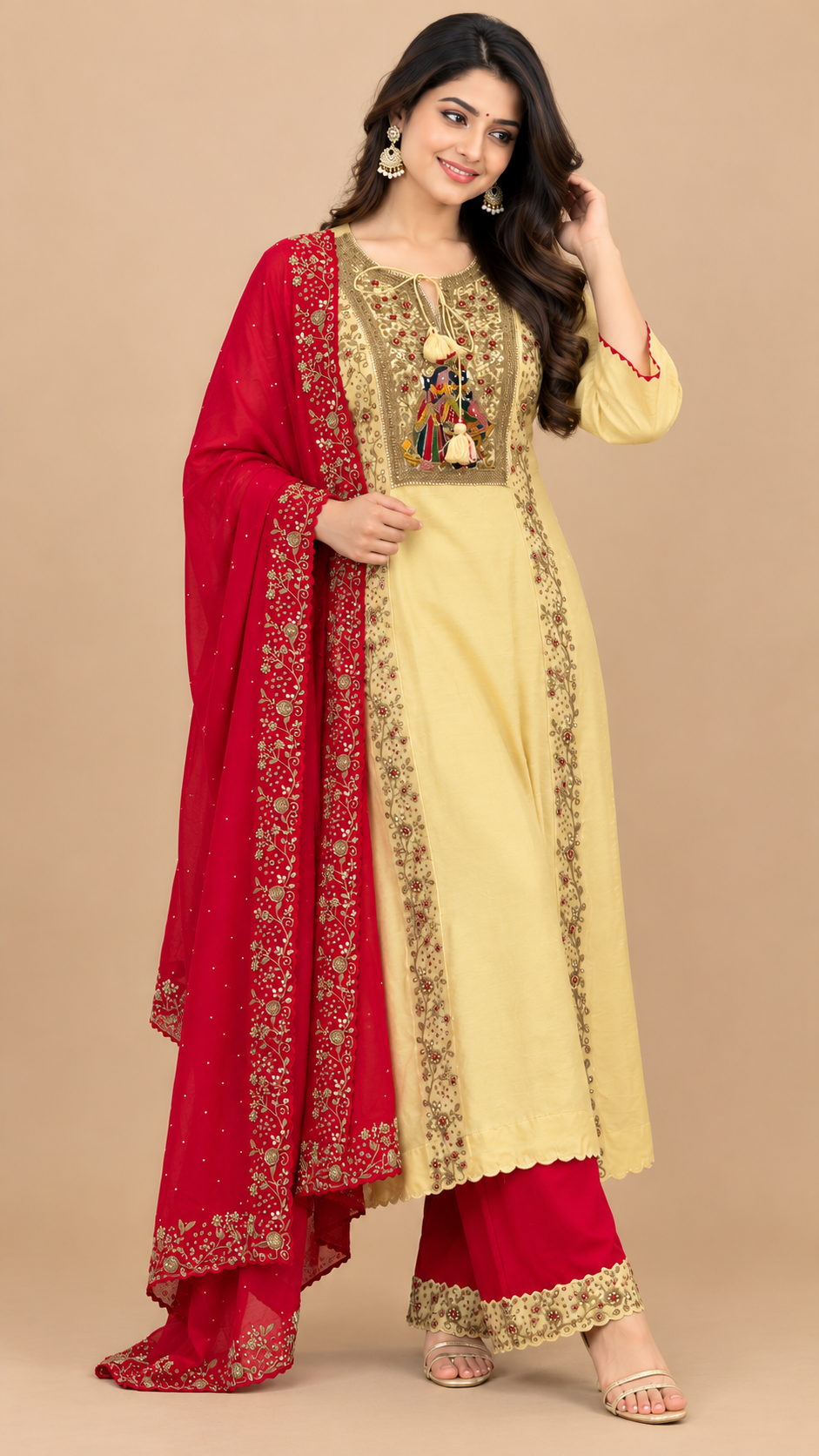 Elegant Pastel Yellow Silk Embroidered Kurta Set with Red Dupatta