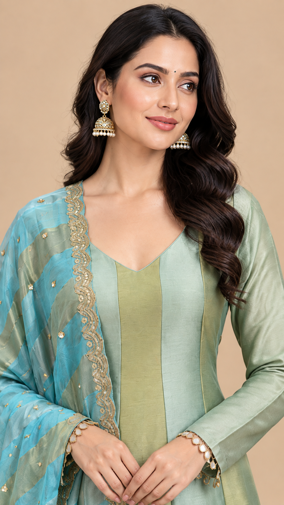 Pastel Mint Green Silk Tissue Flared Kurta Set with Designer Dupatta