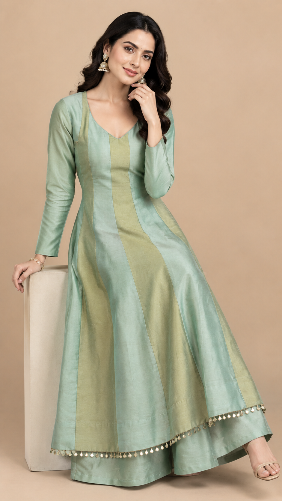Pastel Mint Green Silk Tissue Flared Kurta Set with Designer Dupatta