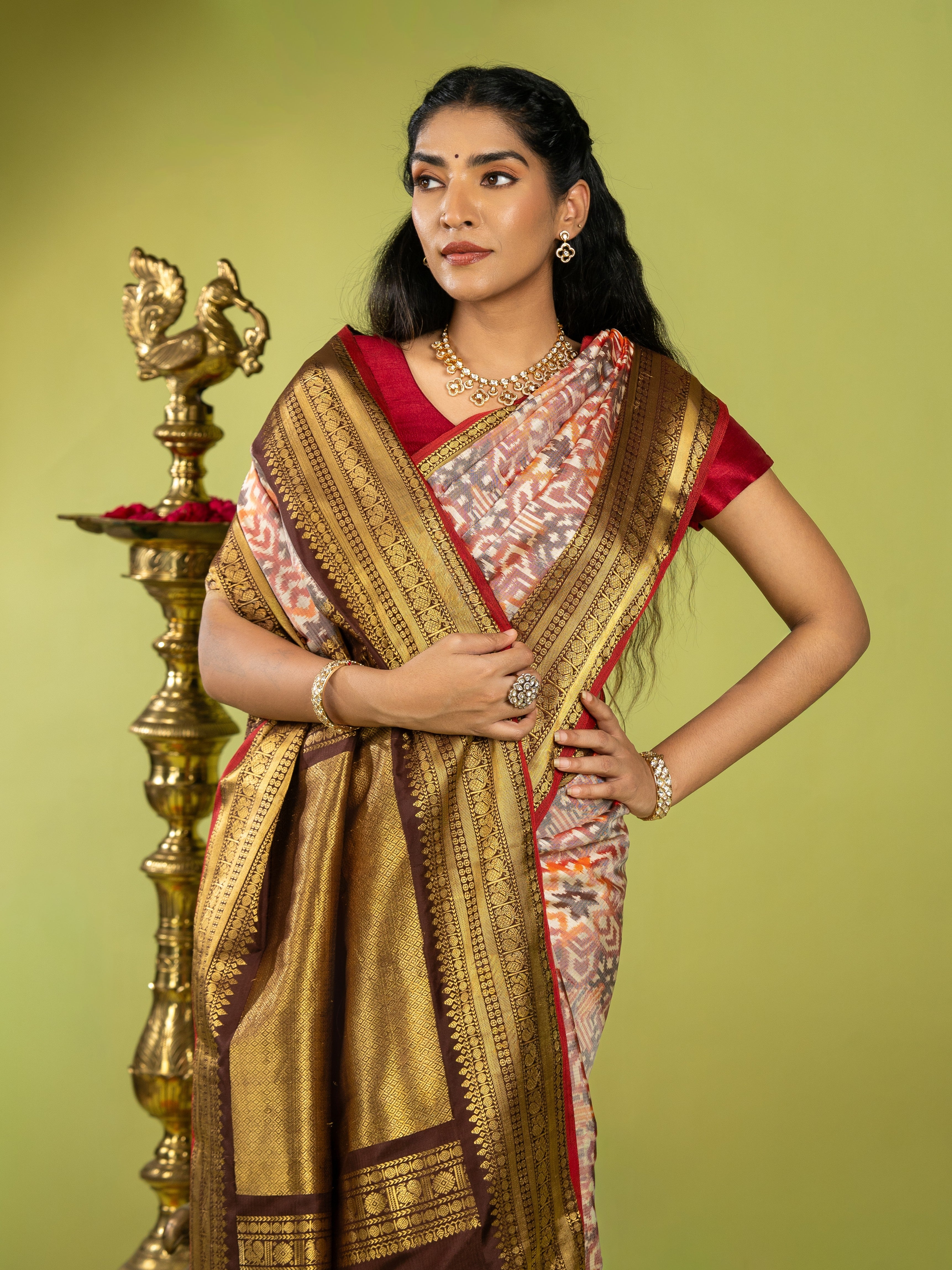 Exquisite Kanjeevaram Patola Silk Saree with Contrast Blouse