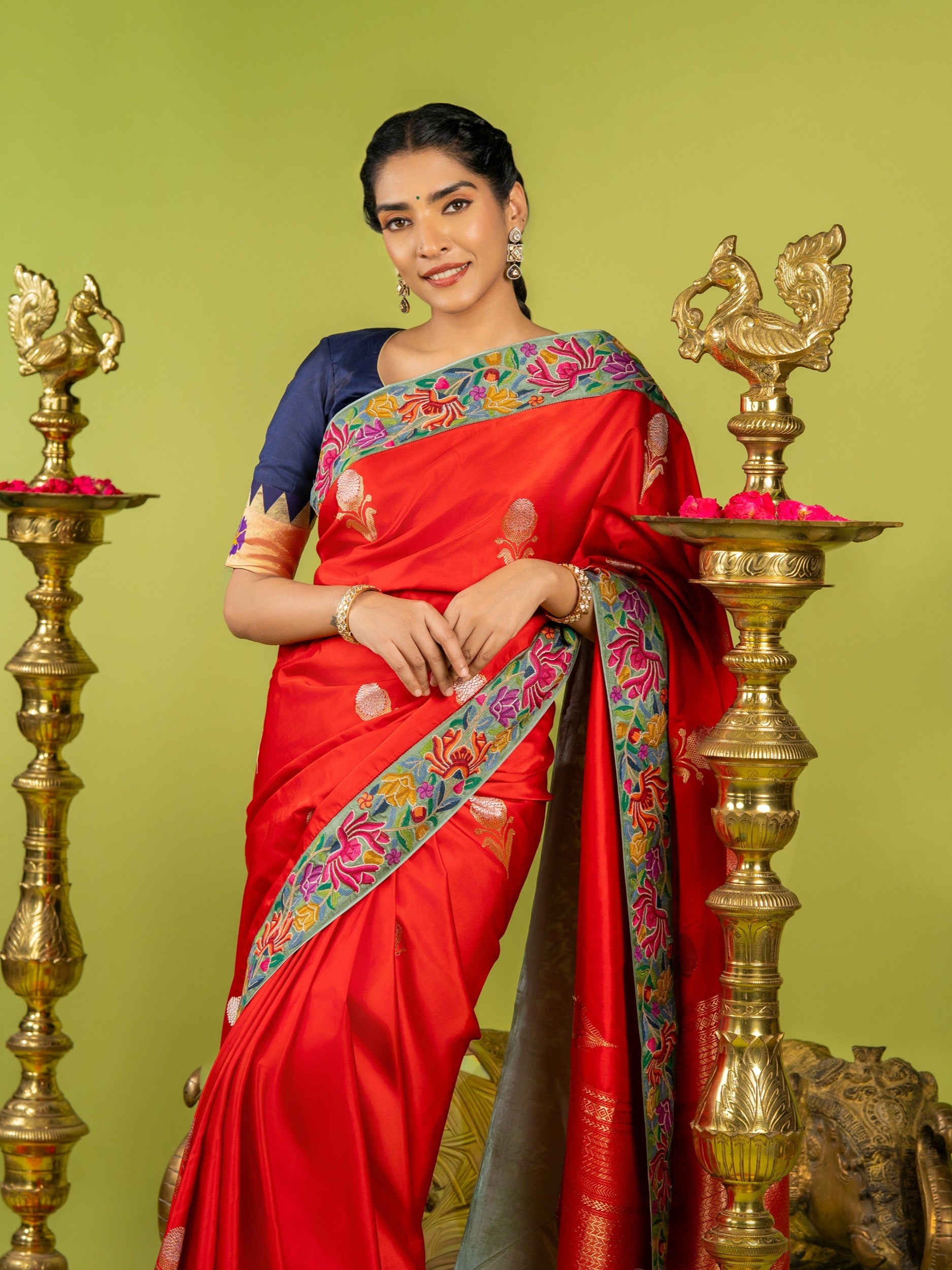 Radiant Red Fusion Banarasi Mashru Silk Saree with Petite Point Embroidery