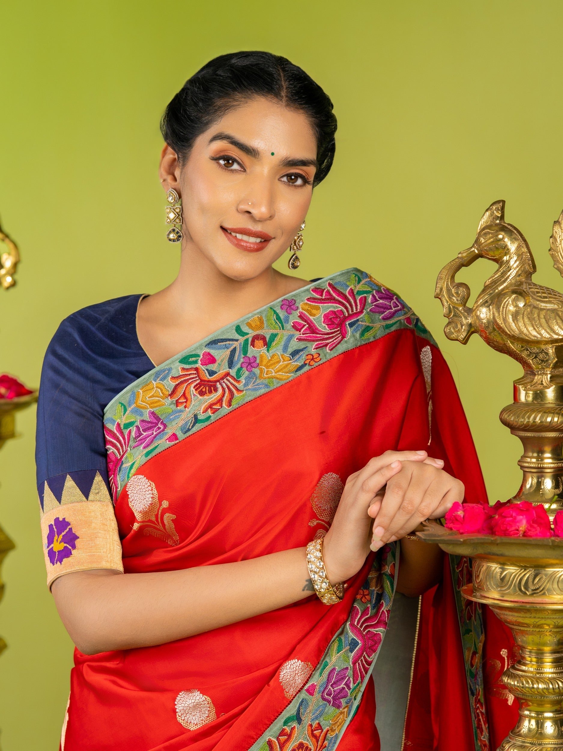 Radiant Red Fusion Banarasi Mashru Silk Saree with Petite Point Embroidery