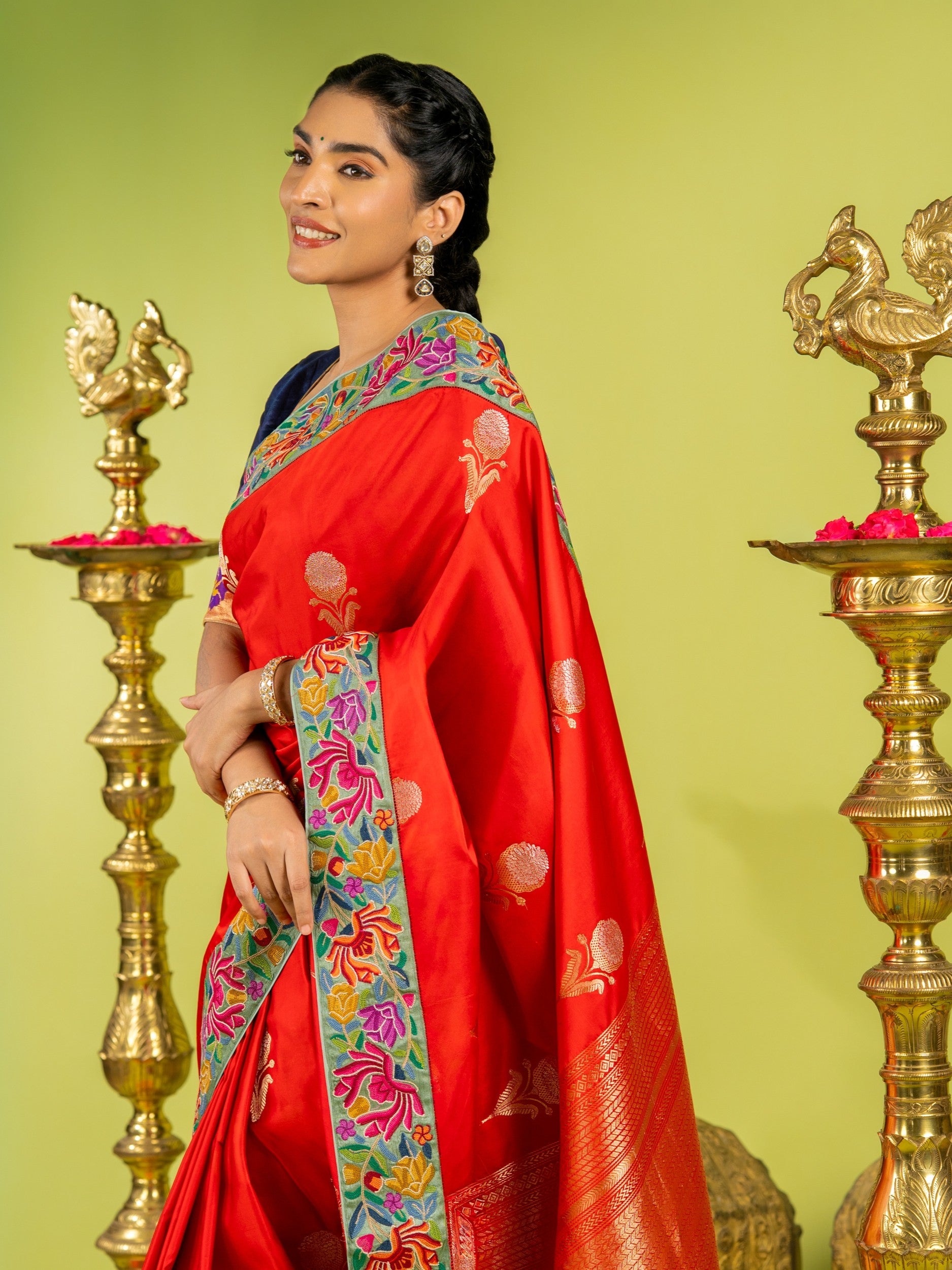 Radiant Red Fusion Banarasi Mashru Silk Saree with Petite Point Embroidery