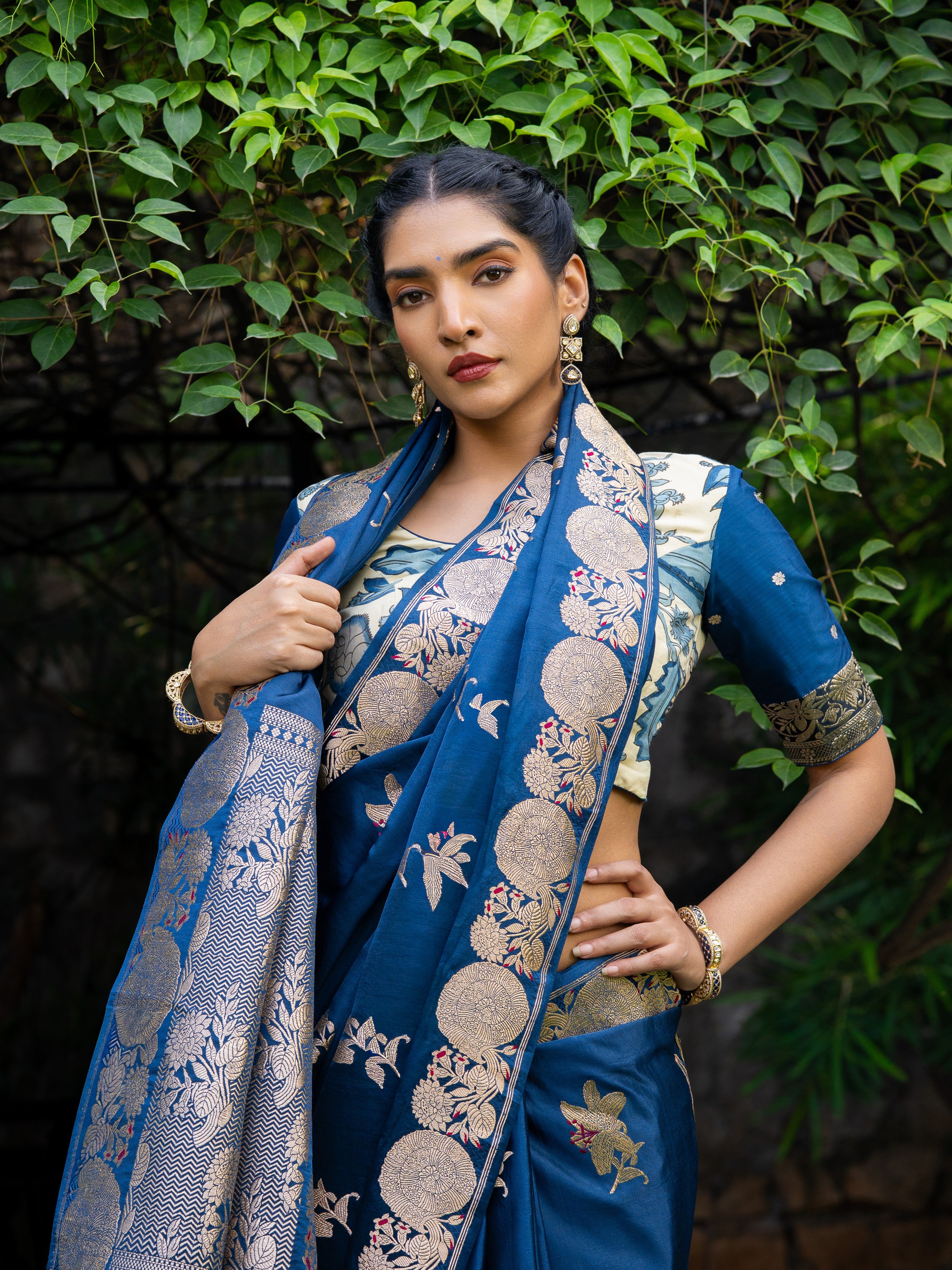 Royal Blue Banarasi Mashru Silk Saree with Floral Zari Motifs